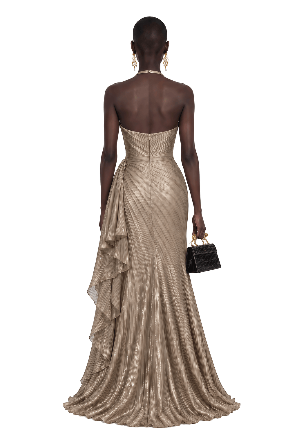 Hadley Champagne Gold Pleated Halterneck Maxi Dress