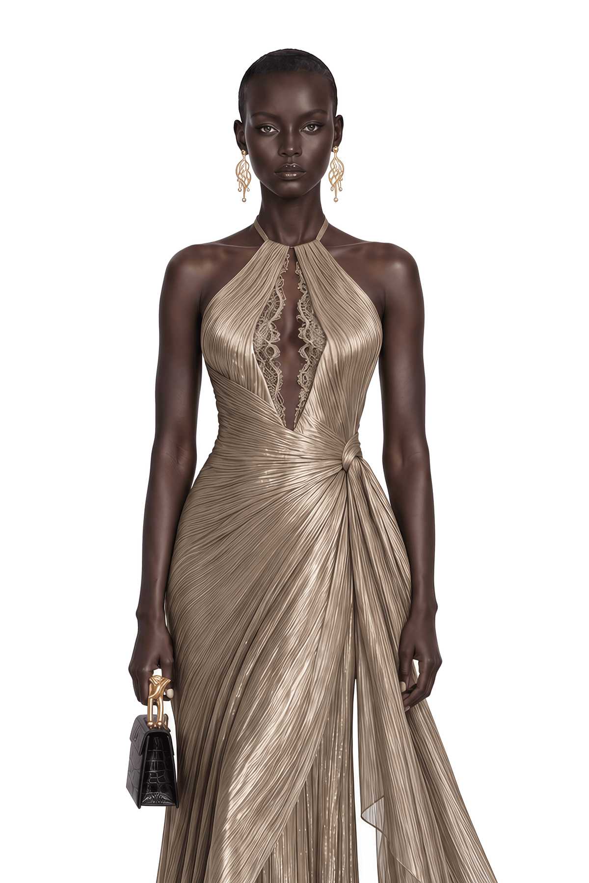 Hadley Champagne Gold Pleated Halterneck Maxi Dress