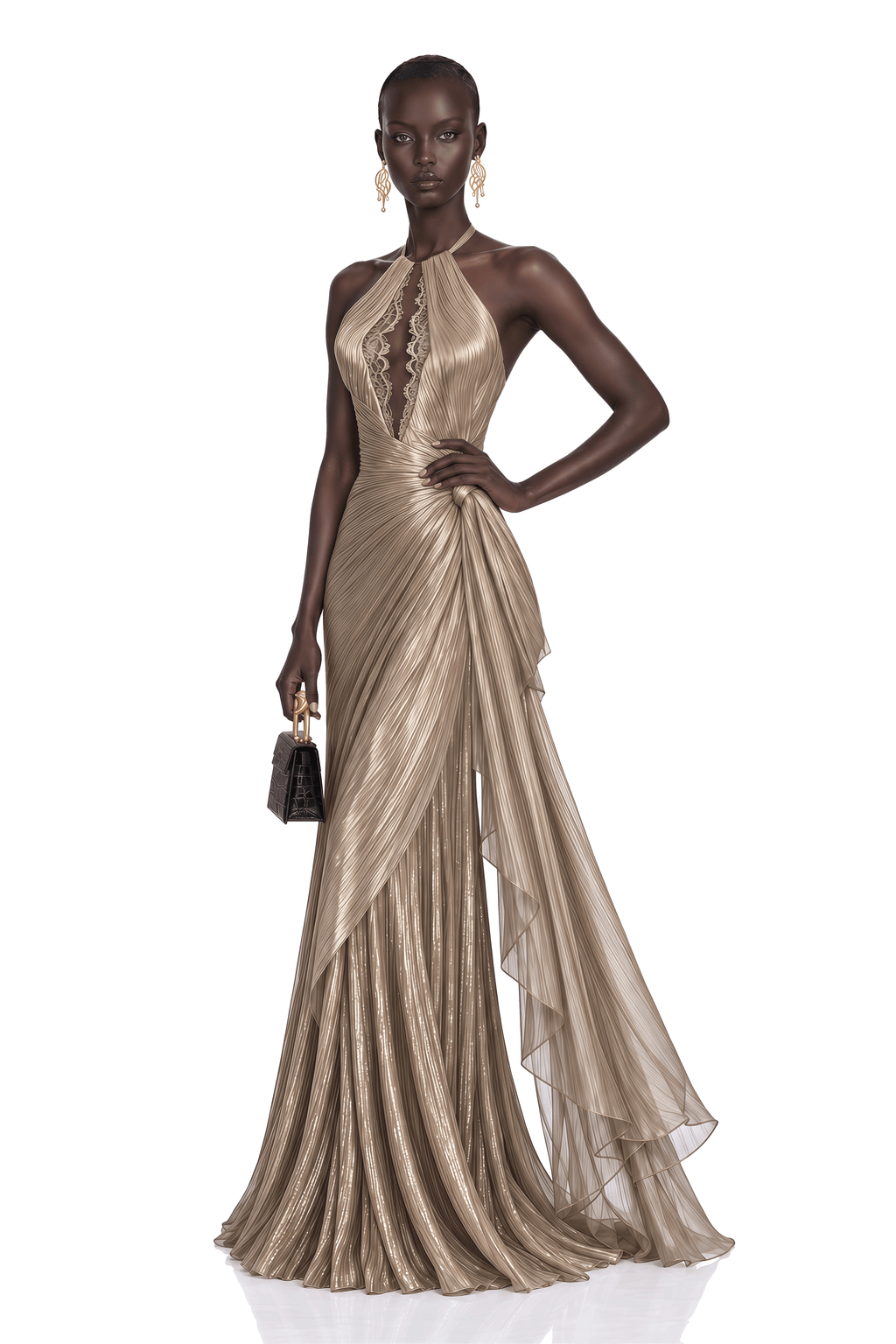 Hadley Champagne Gold Pleated Halterneck Maxi Dress
