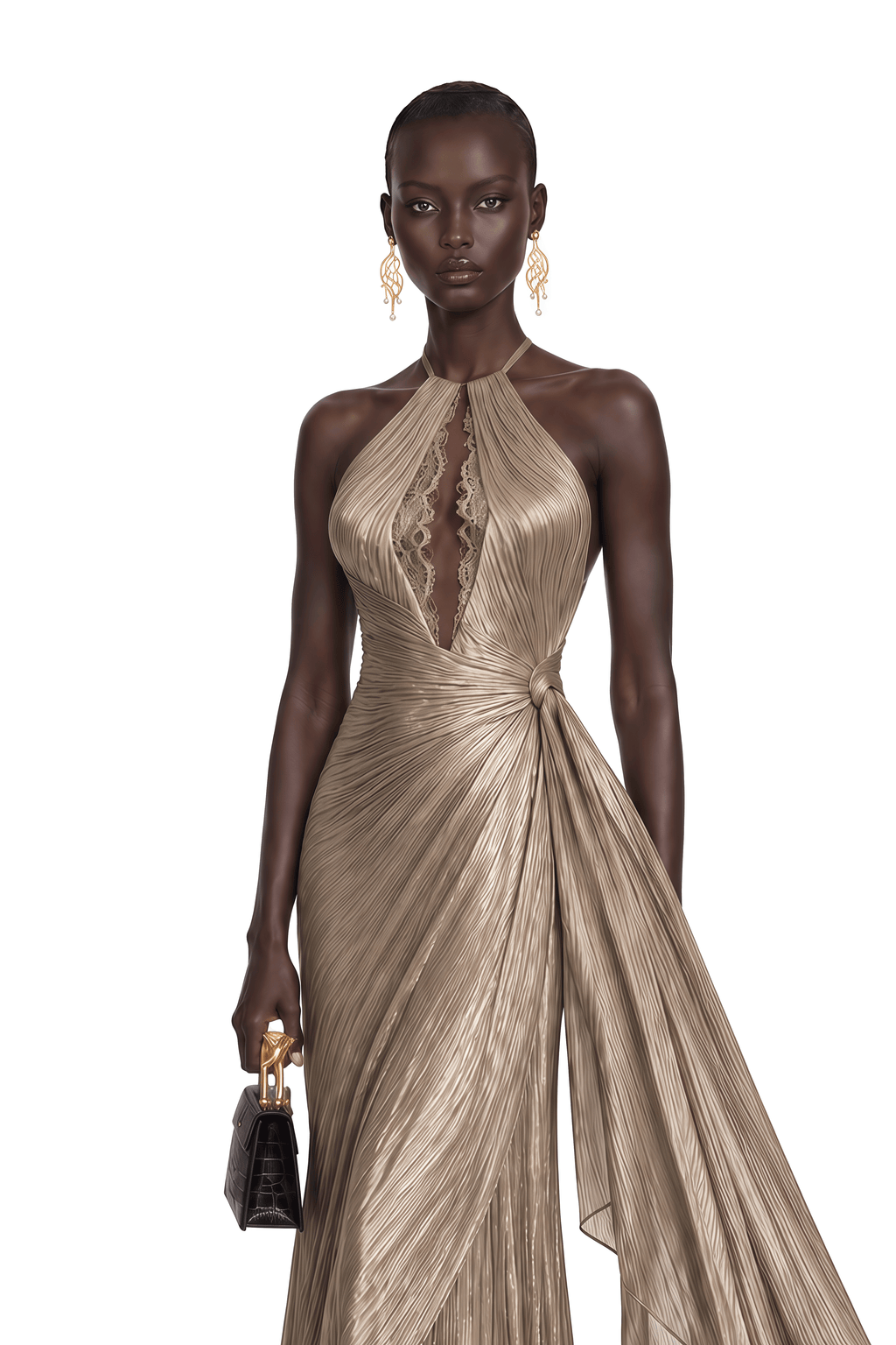 Hadley Champagne Gold Pleated Halterneck Maxi Dress