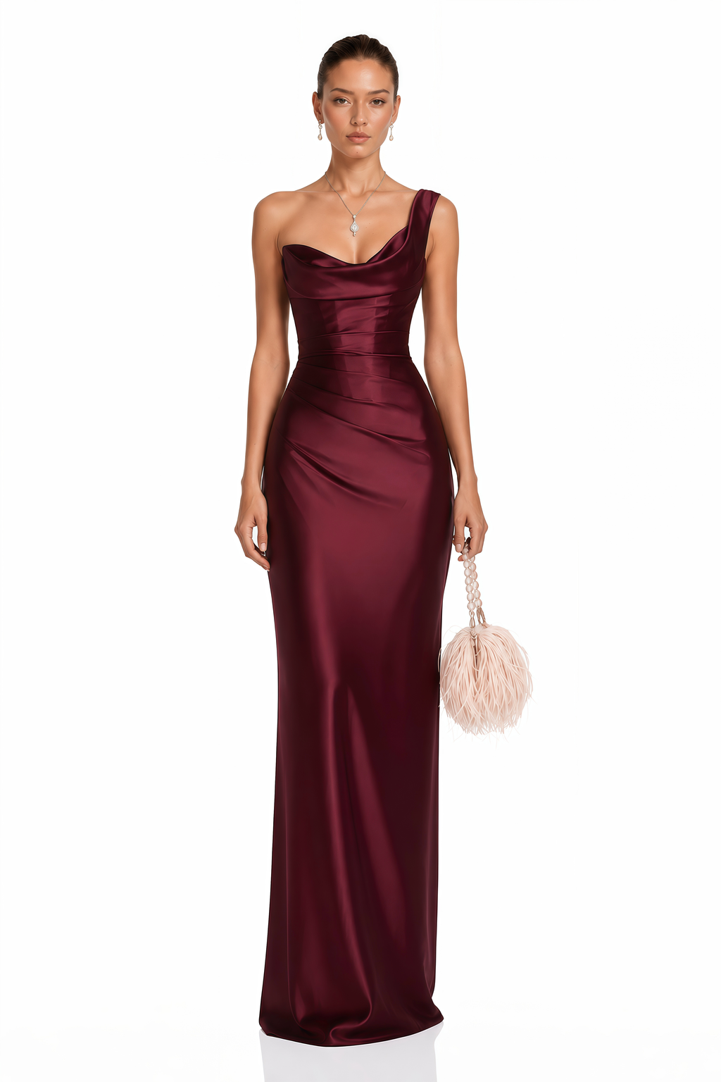 Hannah Burgundy One Shoulder Satin Maxi Dress
