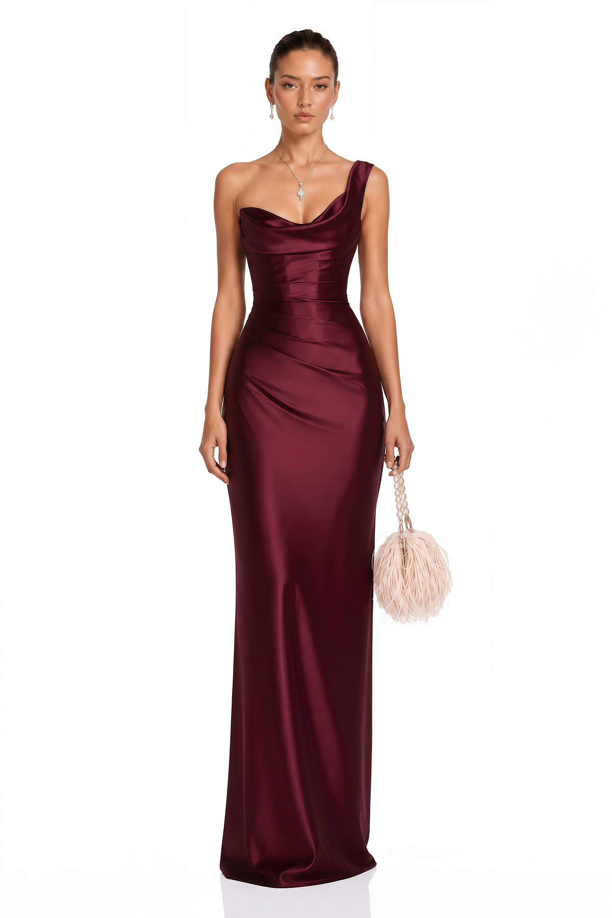 Hannah Burgundy One Shoulder Satin Maxi Dress