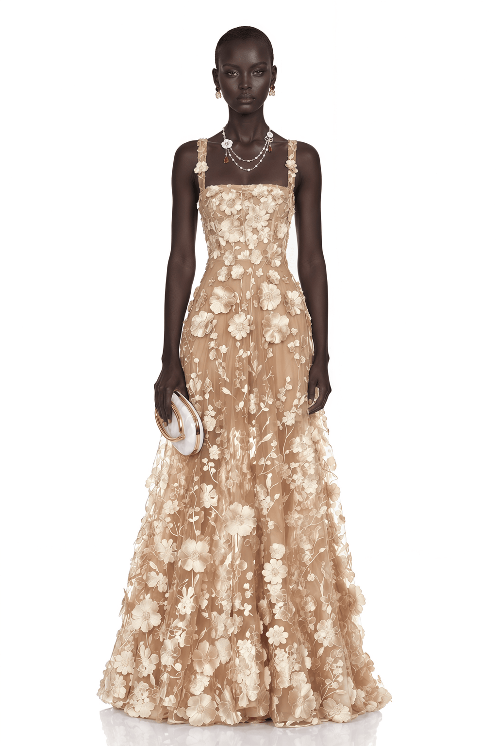 Haylin Neutral 3D Floral Applique Spaghetti Strap Maxi Dress