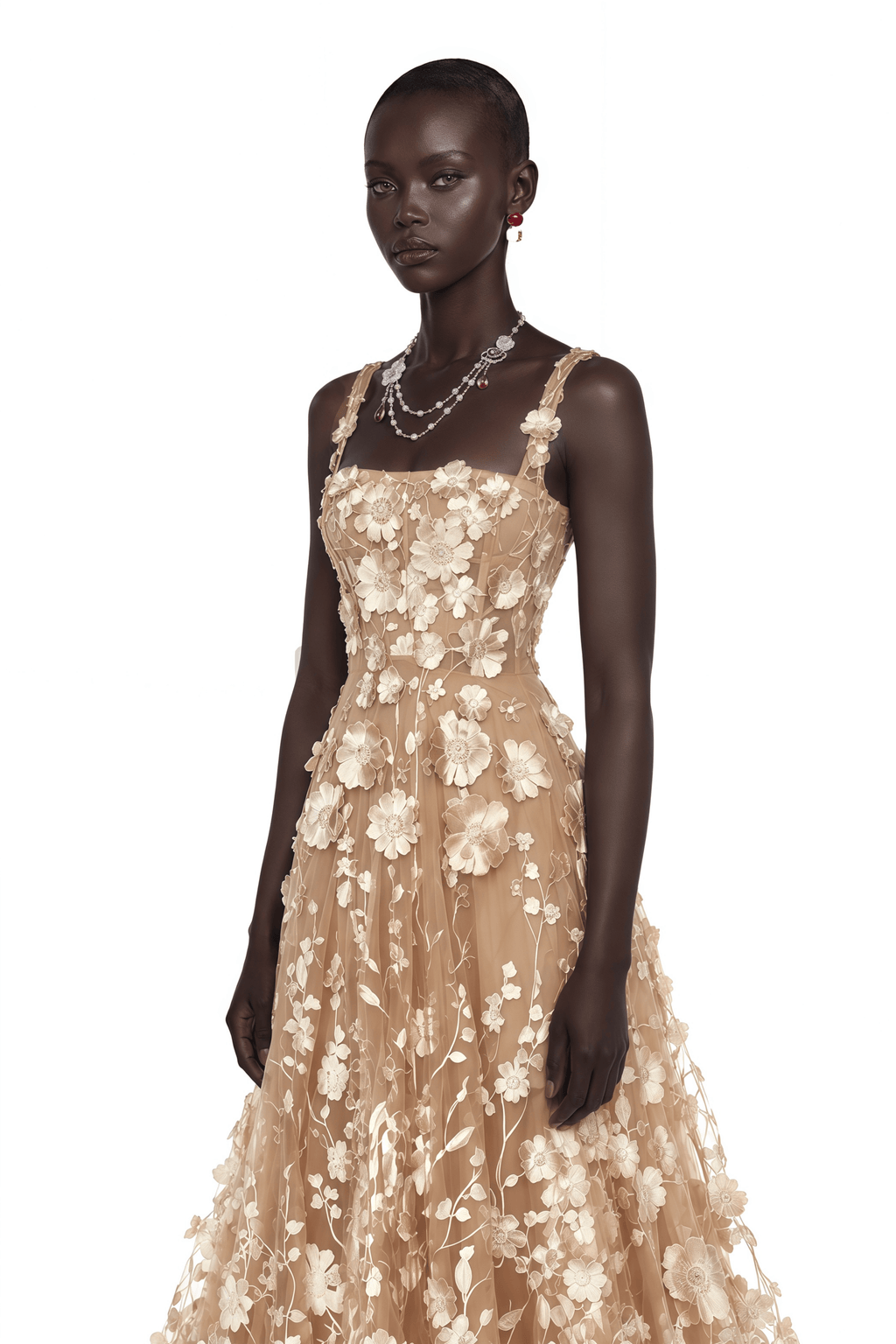 Haylin Neutral 3D Floral Applique Spaghetti Strap Maxi Dress