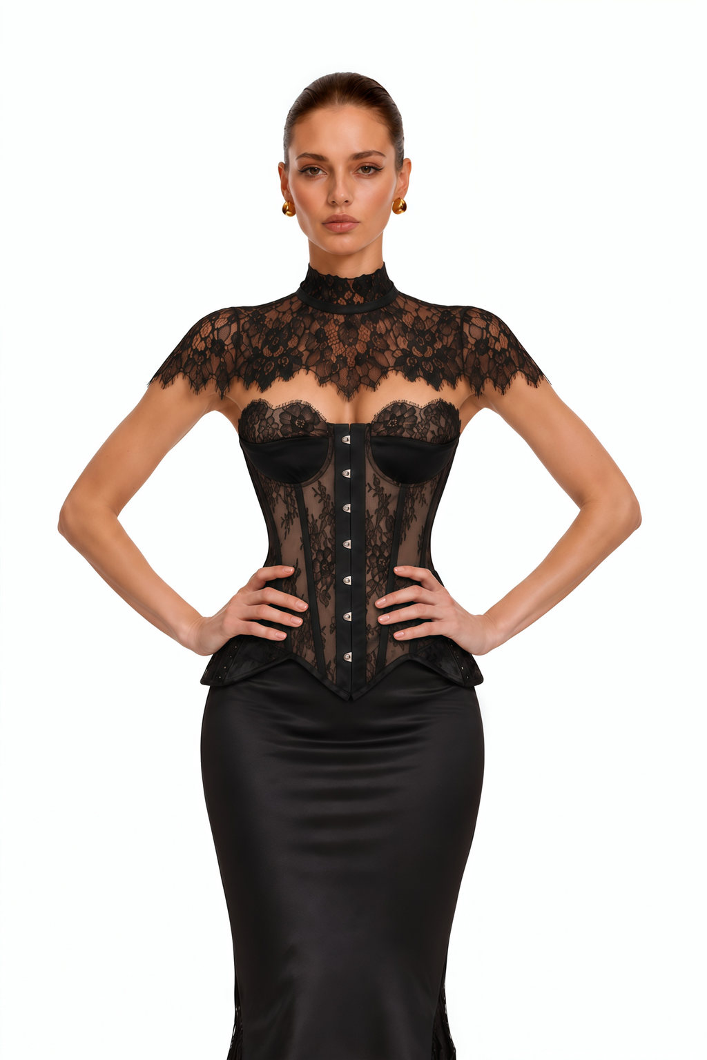 Hikma Black Corset Top & Skirt Set With Lace Cape
