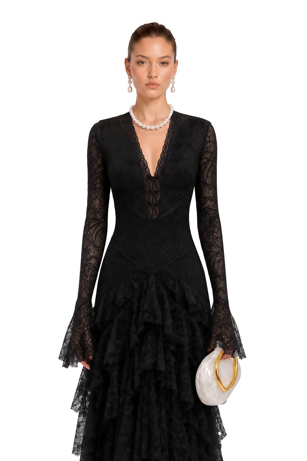 Humayma Black Lace Tiered Midi Dress