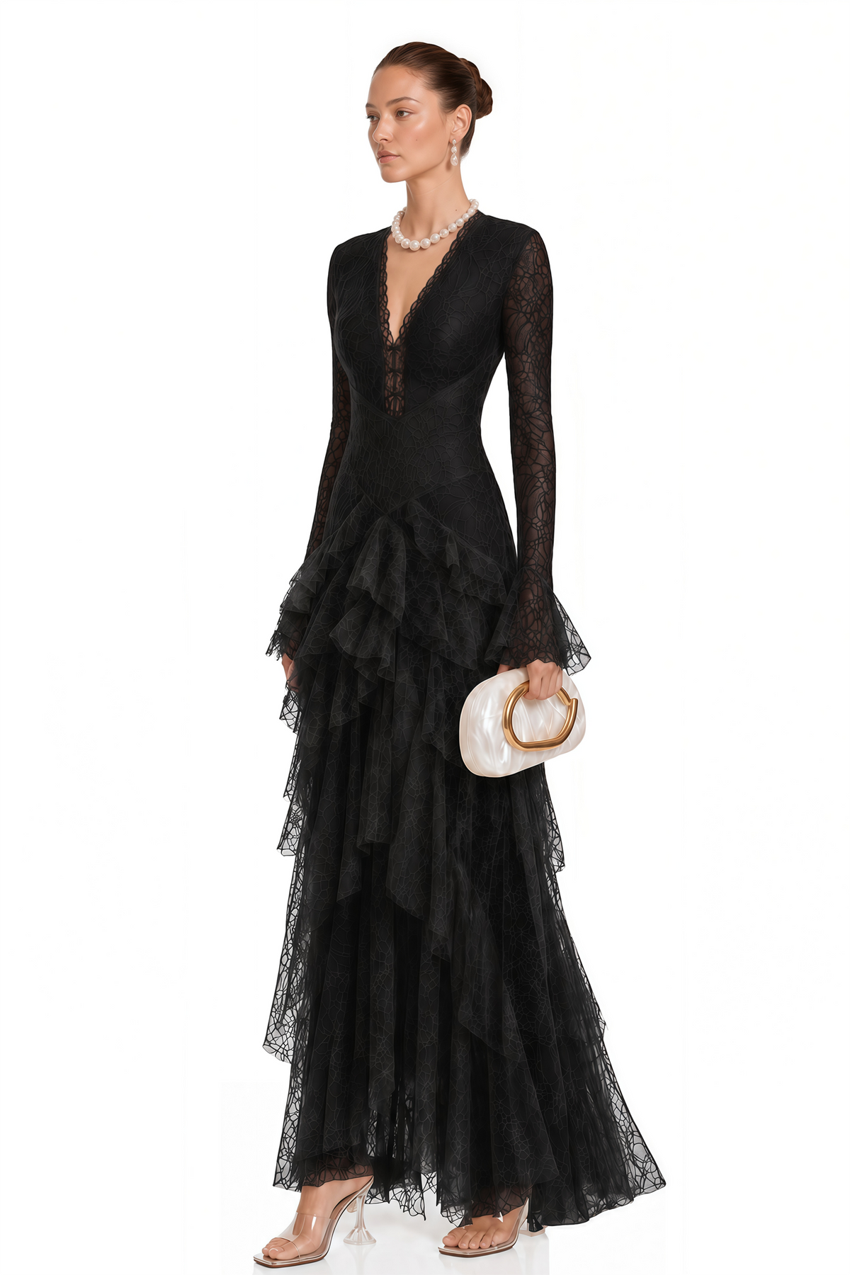 Humayma Black Lace Tiered Midi Dress