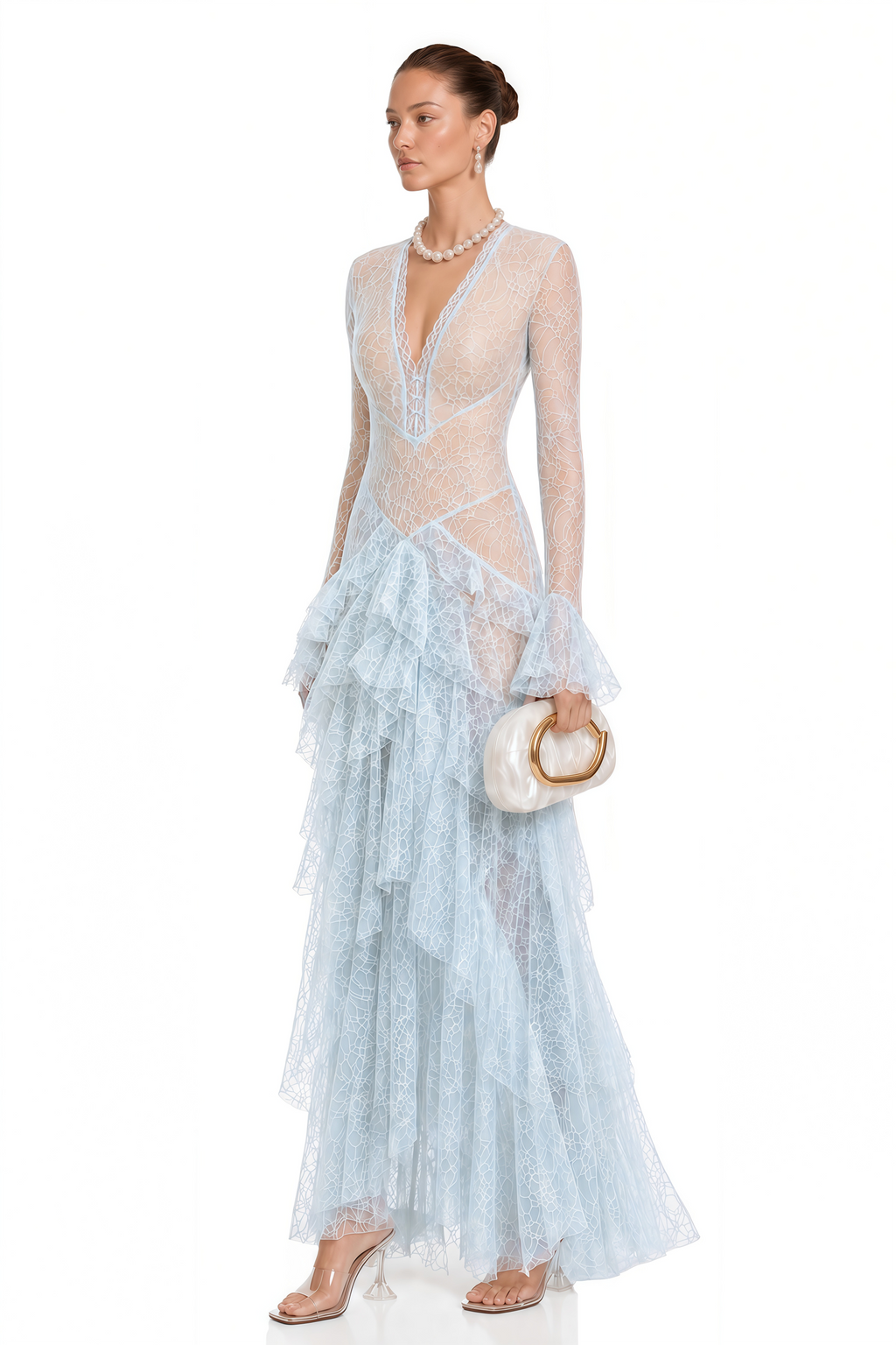 Humayma Blue Lace Tiered Midi Dress