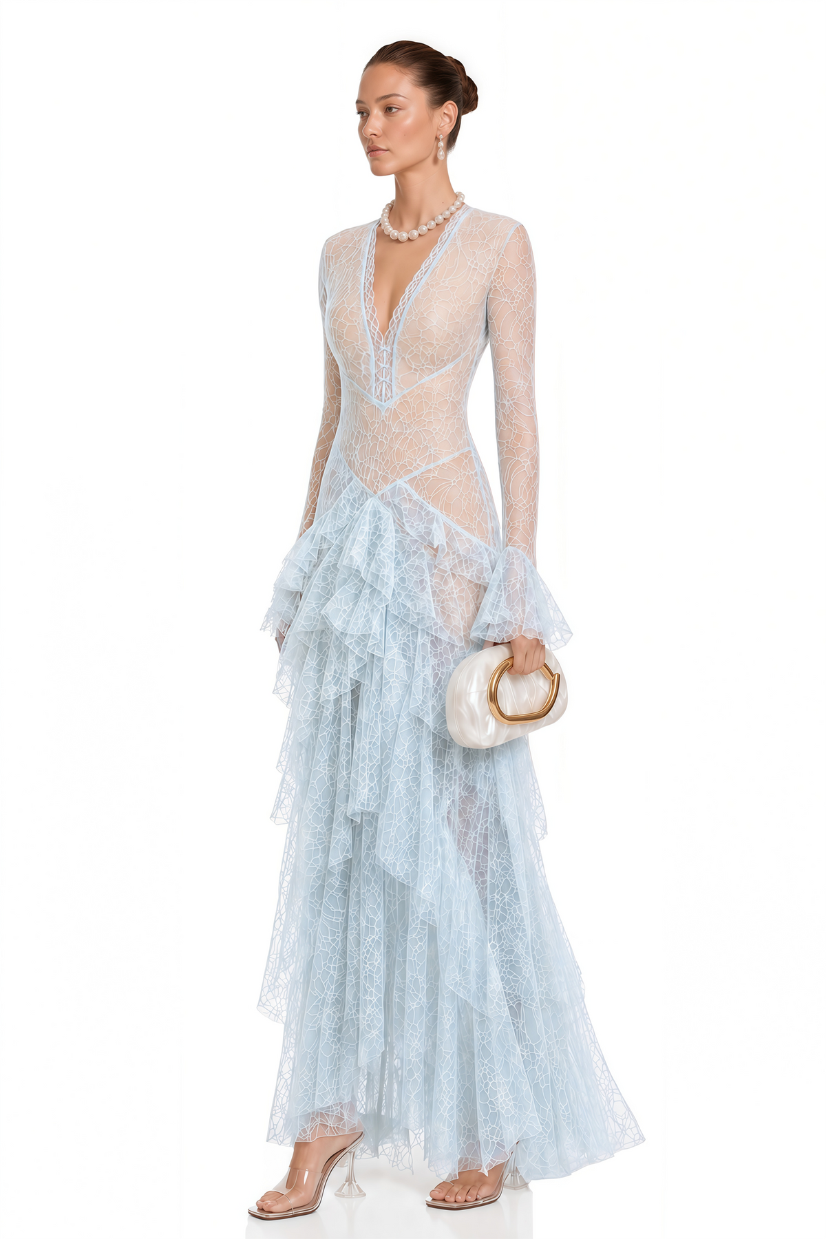 Humayma Blue Lace Tiered Midi Dress