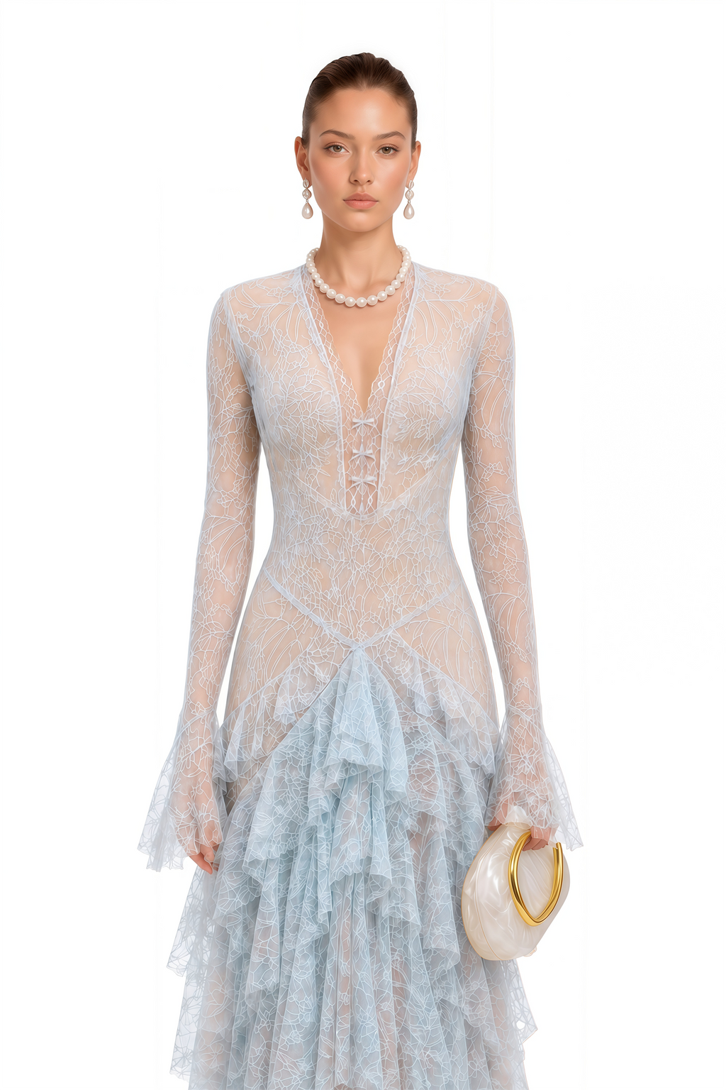 Humayma Blue Lace Tiered Midi Dress