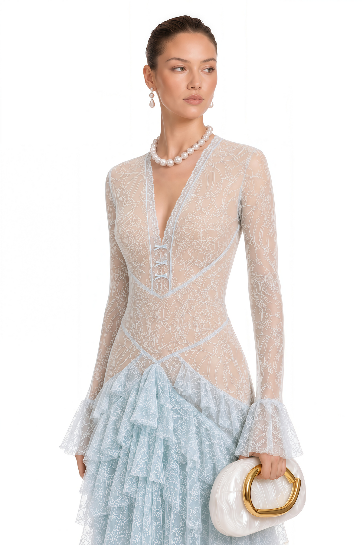 Humayma Blue Lace Tiered Midi Dress