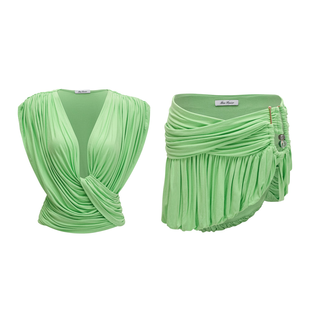 Idalina Green Cross Front Ruched Top & Skirt Set