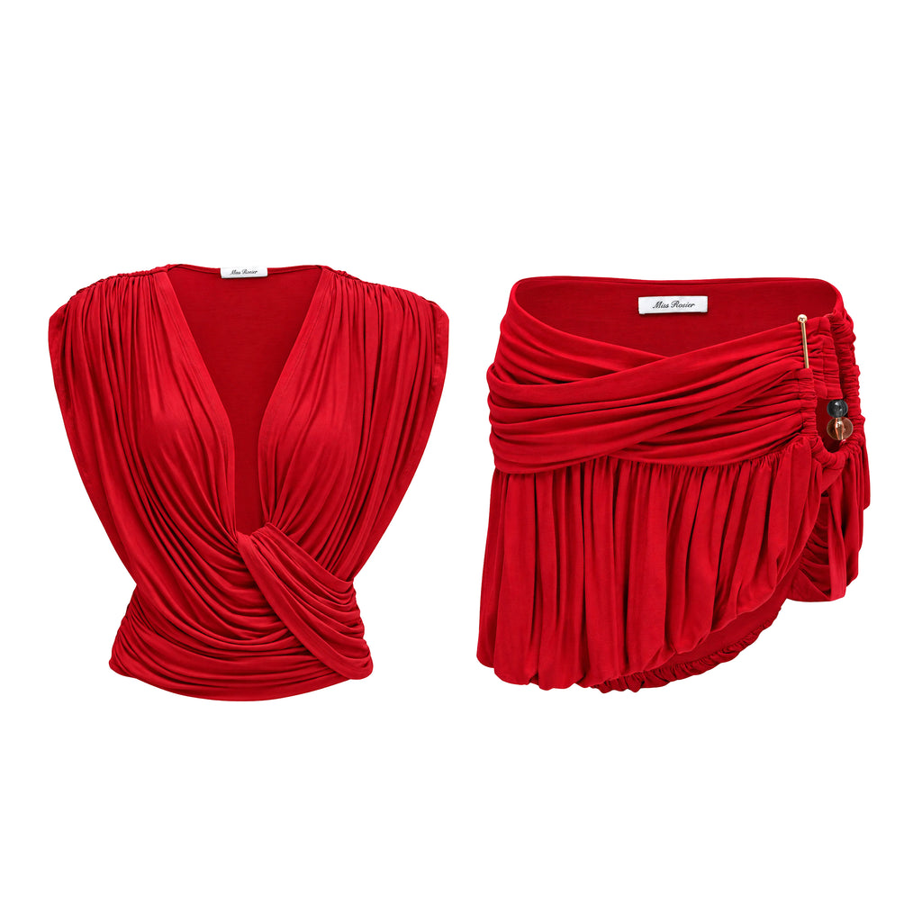 Idalina Red Cross Front Ruched Top & Skirt Set