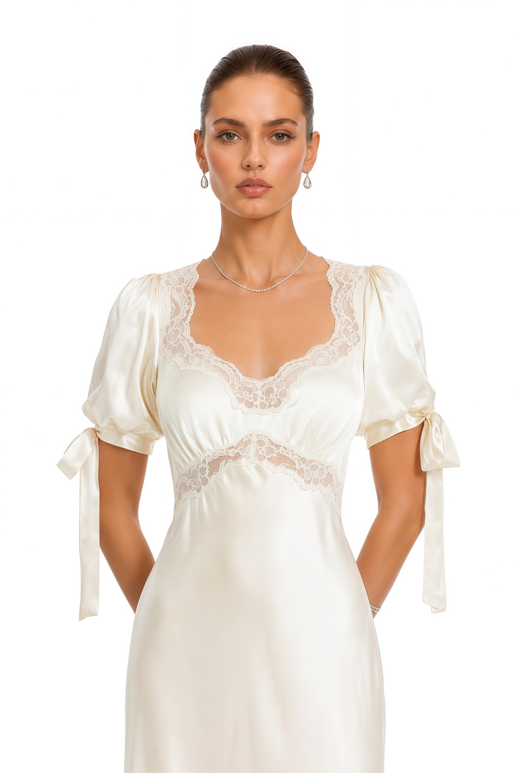 Imani White Short Puff Sleeve Lace Satin Midi Dress