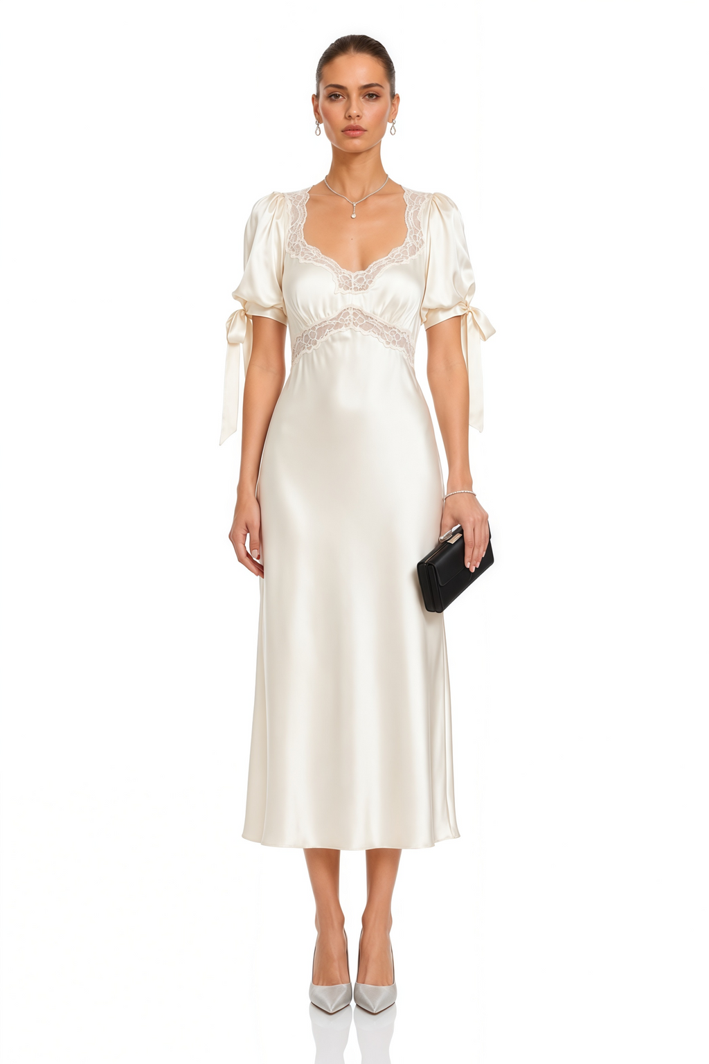 Imani White Short Puff Sleeve Lace Satin Midi Dress