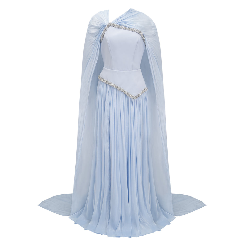 Iris Blue Embellished Asymmetrical Maxi Dress with Cape