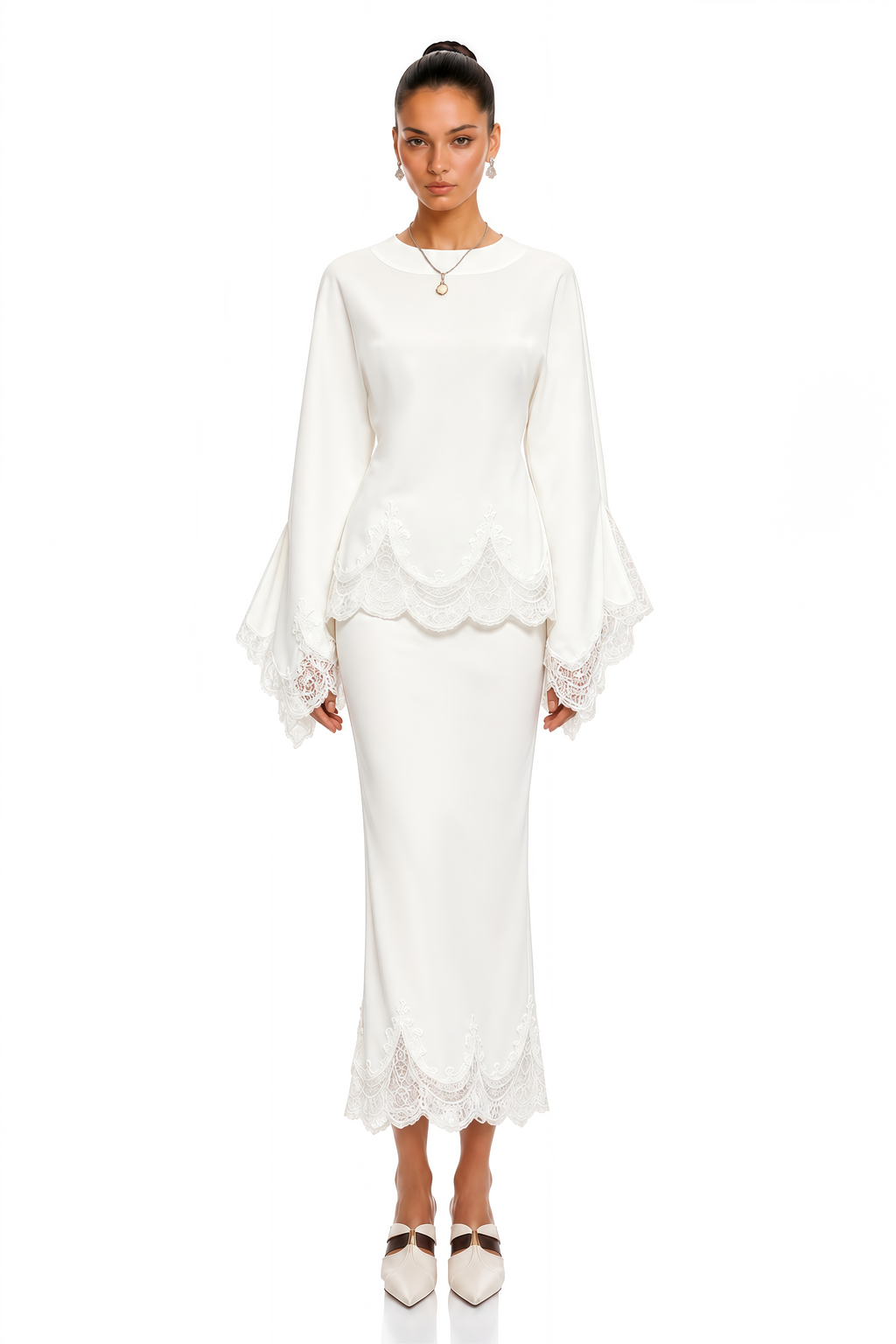 Isioma White Scalloped Long Sleeve Blouse & Midi Skirt Set