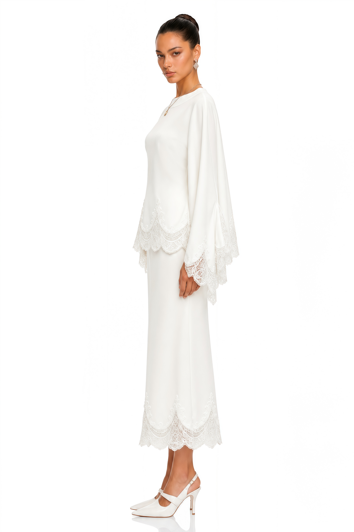 Isioma White Scalloped Long Sleeve Blouse & Midi Skirt Set