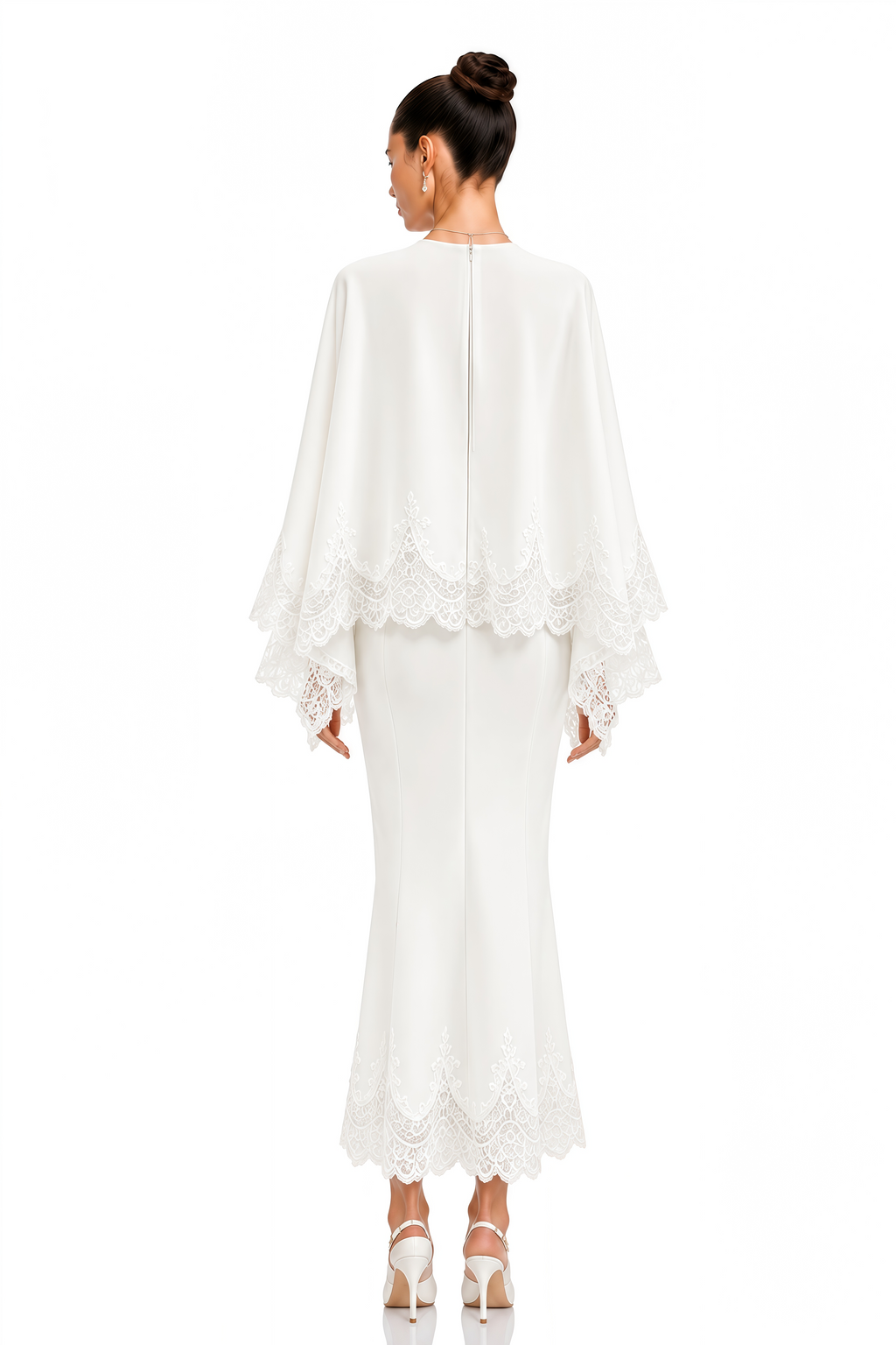 Isioma White Scalloped Long Sleeve Blouse & Midi Skirt Set
