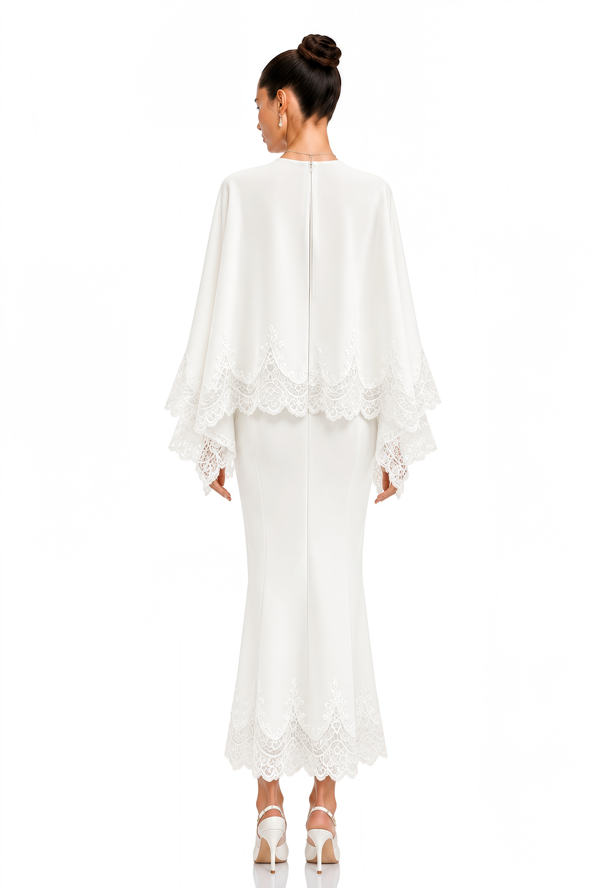 Isioma White Scalloped Long Sleeve Blouse & Midi Skirt Set