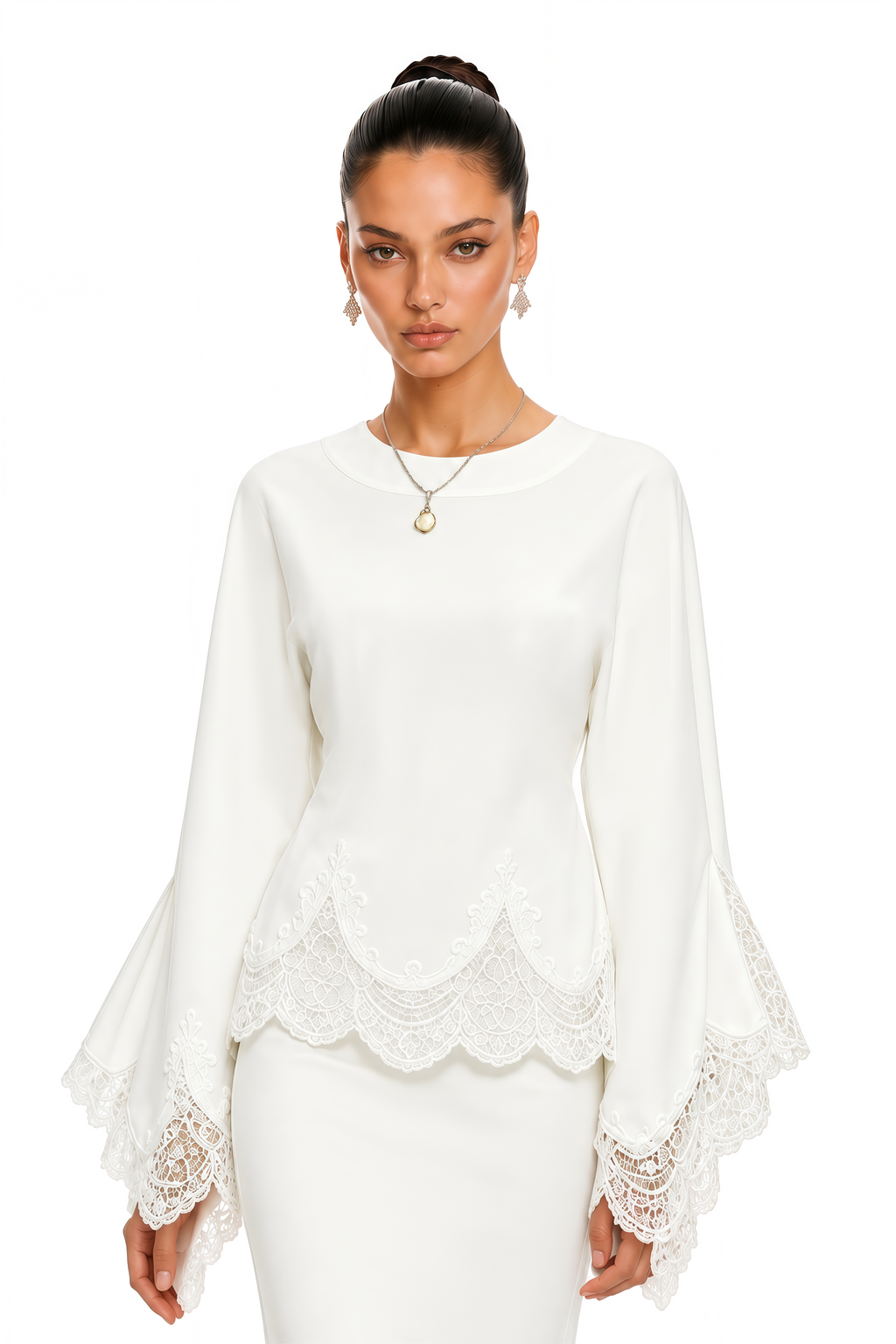 Isioma White Scalloped Long Sleeve Blouse & Midi Skirt Set