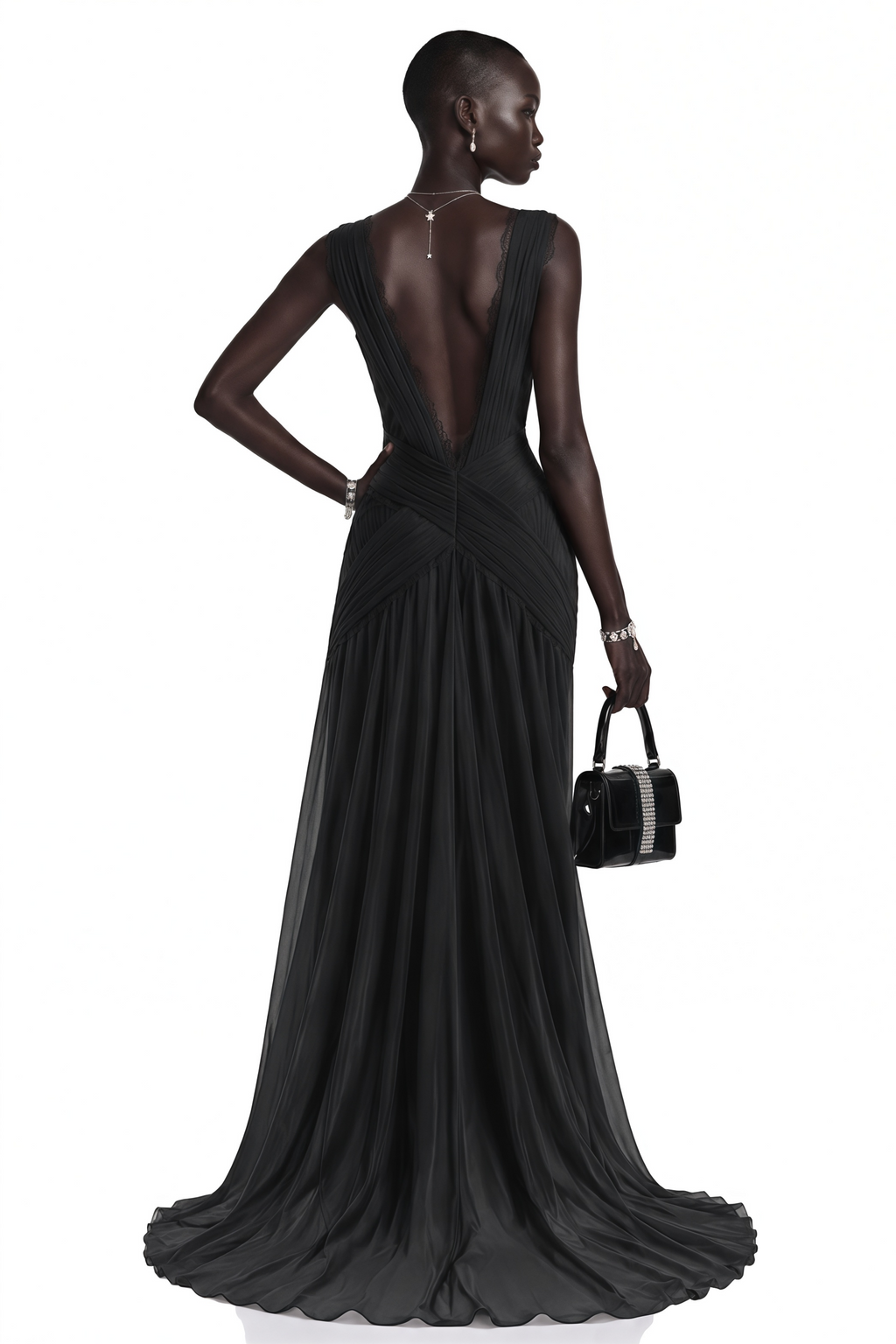 Jasmine Black Plunge Neck Ruched Maxi Dress