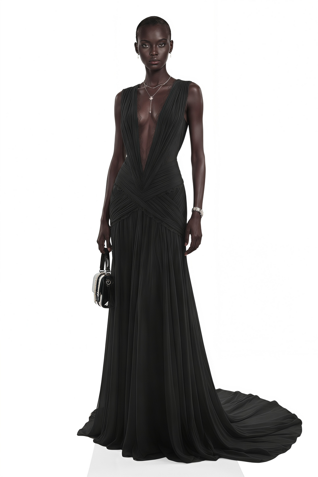 Jasmine Black Plunge Neck Ruched Maxi Dress