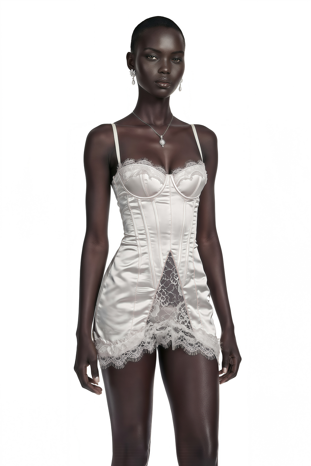 Juliette White Satin Mini Dress with Lace Panels