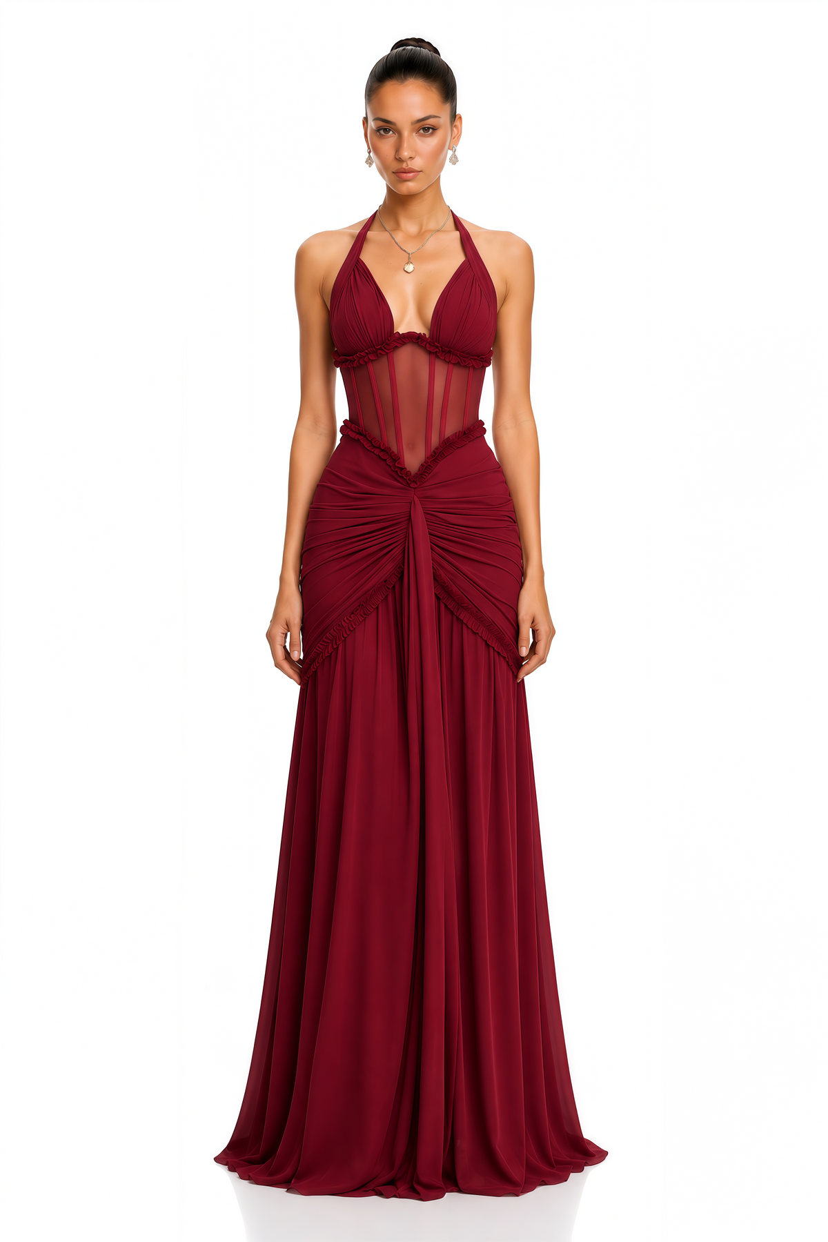 Jupiter Burgundy Ruched Halterneck Maxi Dress