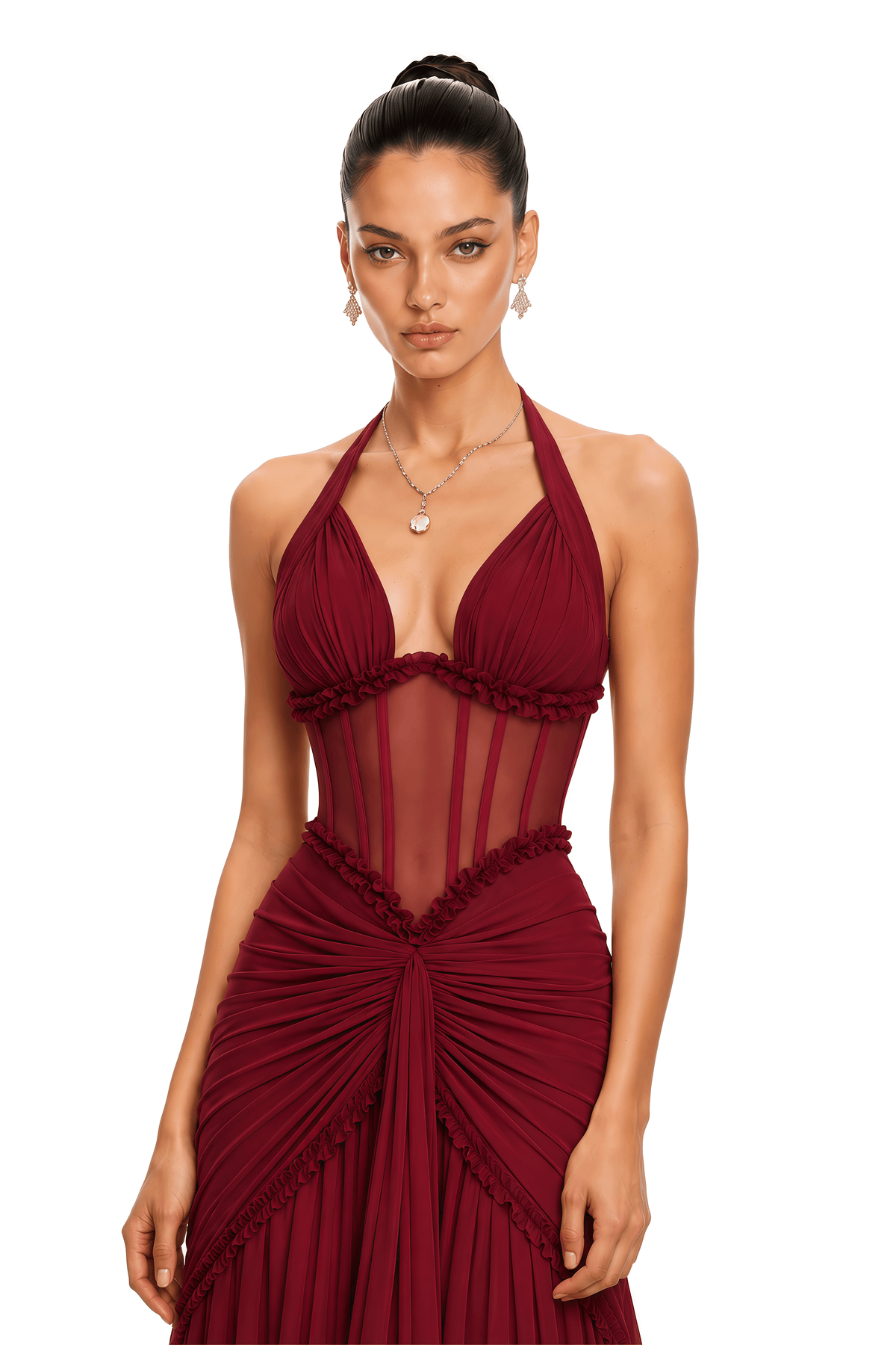 Jupiter Burgundy Ruched Halterneck Maxi Dress