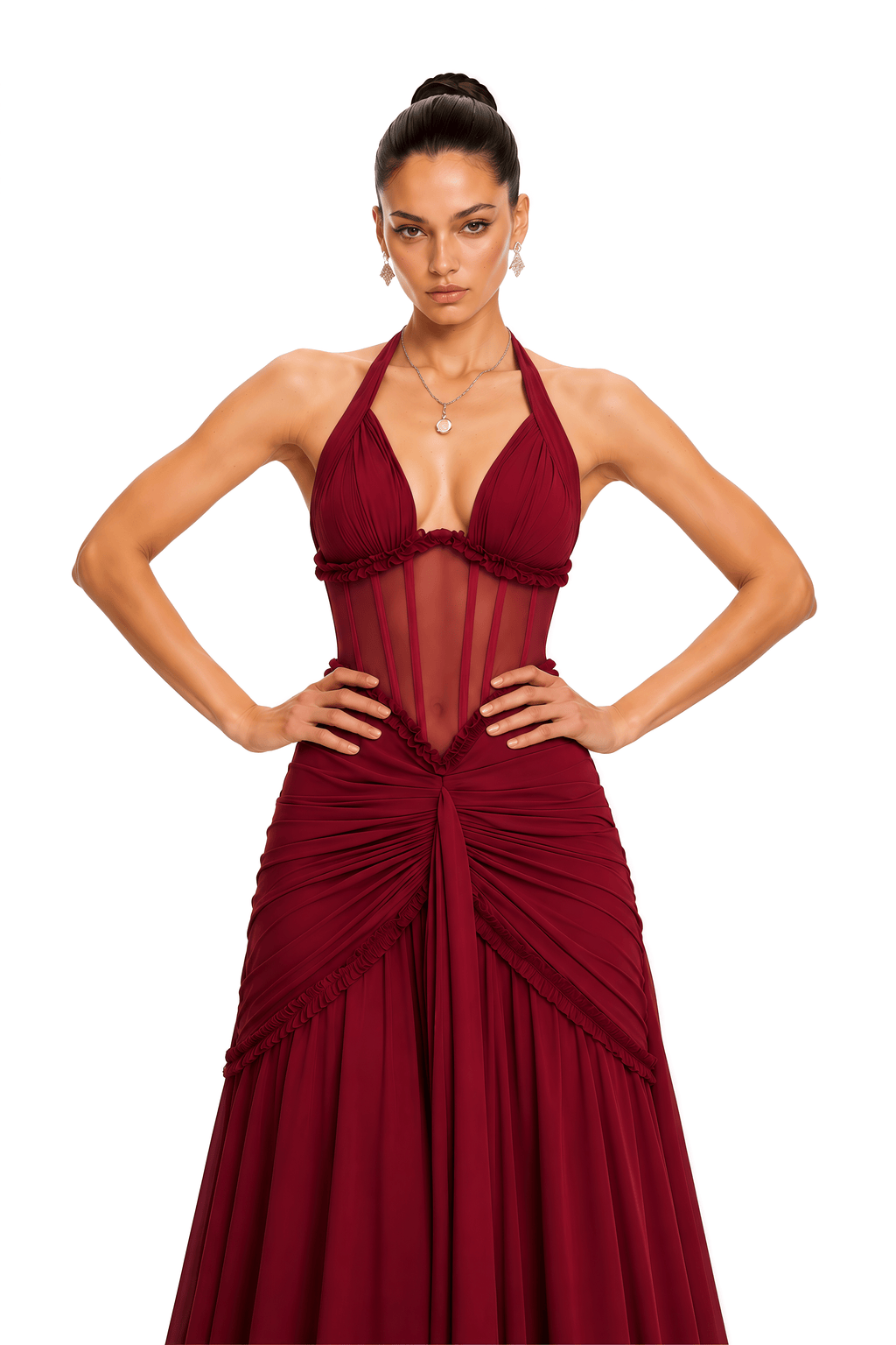 Jupiter Burgundy Ruched Halterneck Maxi Dress