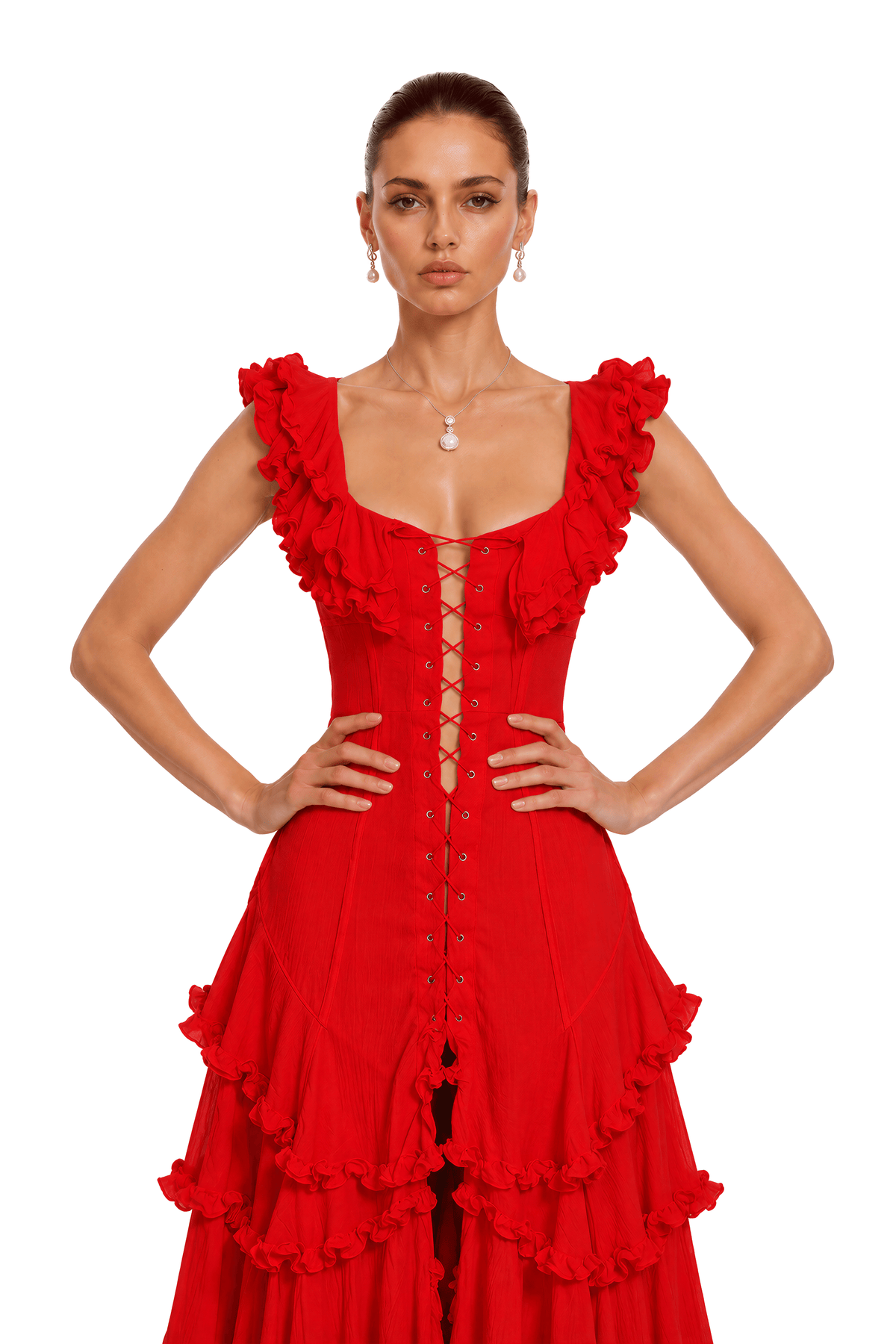 Kaelin Red Ruffle Lace Up Tiered Flowy Maxi Dress