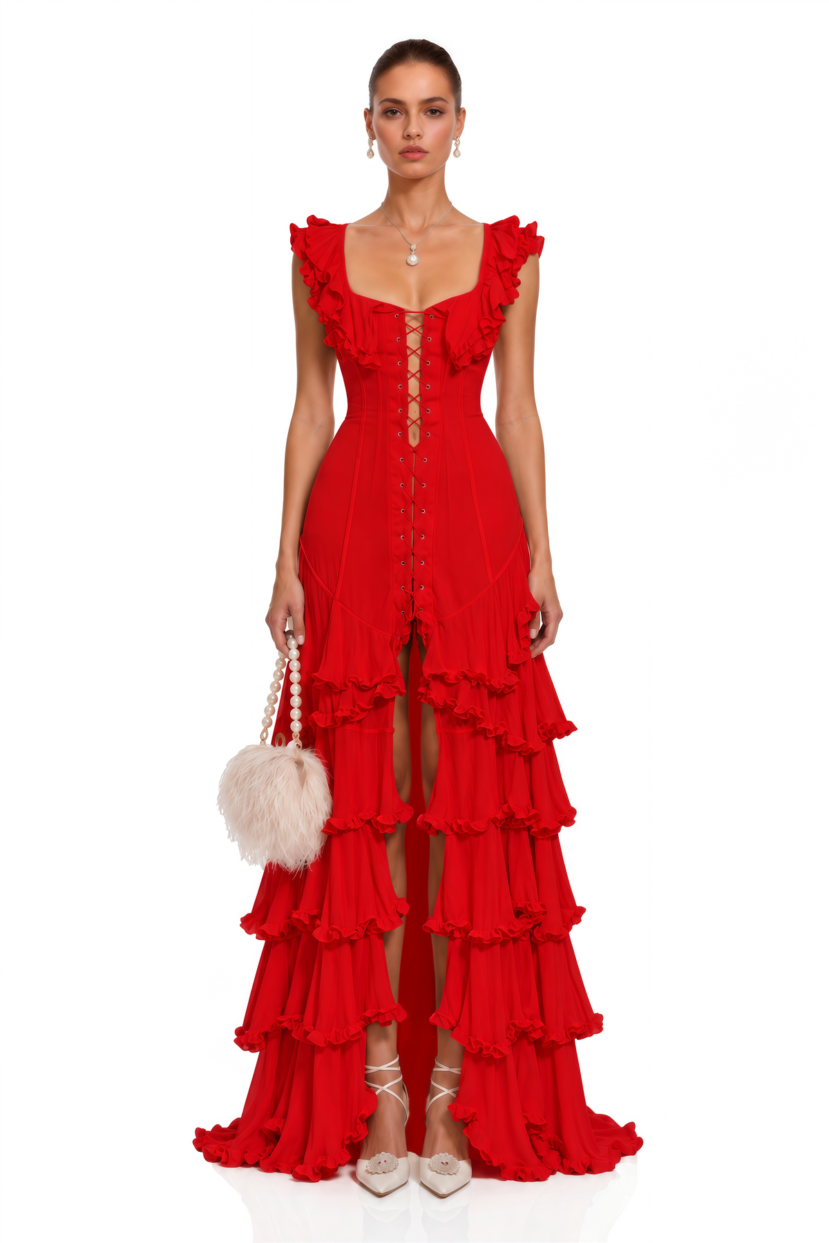 Kaelin Red Ruffle Lace Up Tiered Flowy Maxi Dress