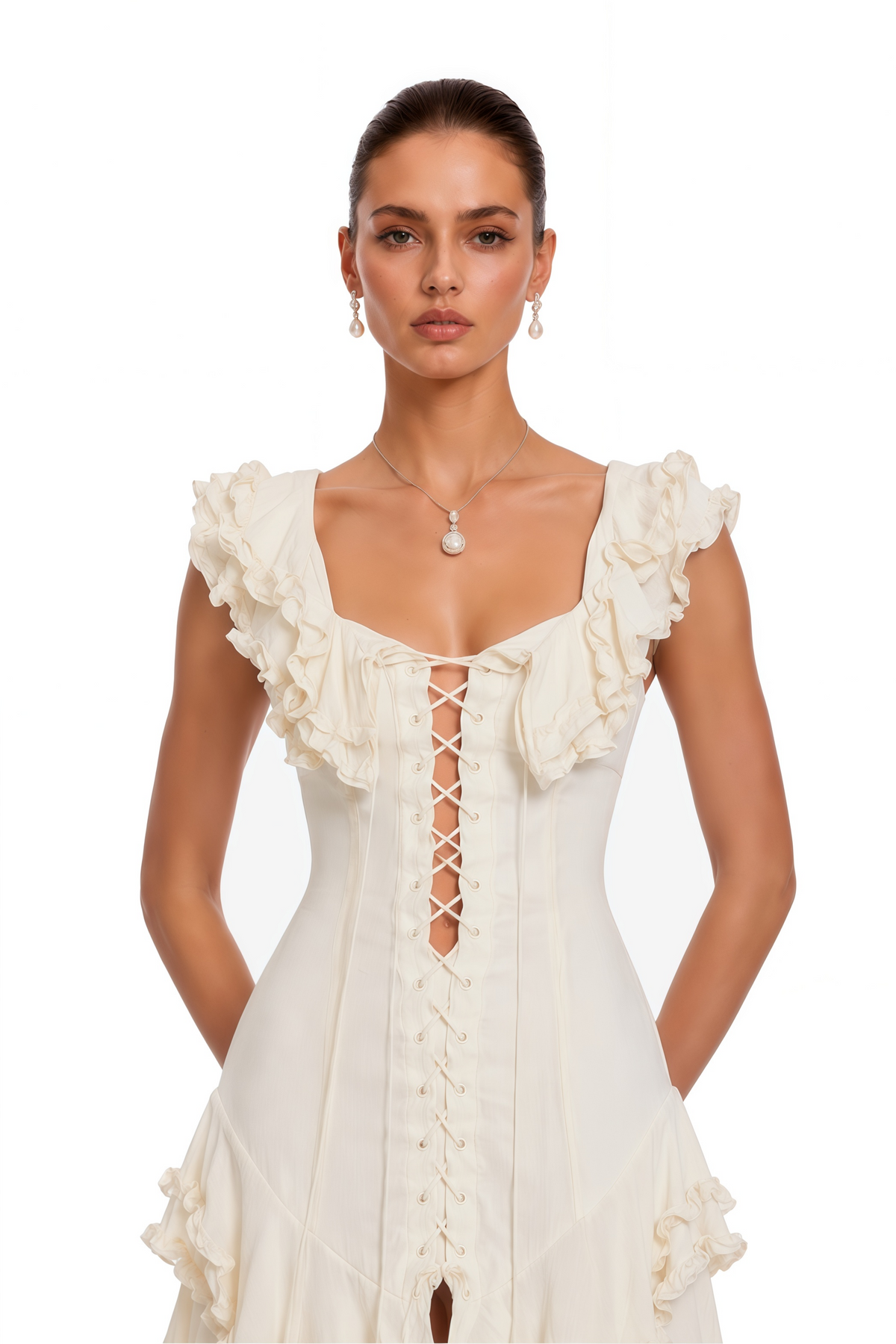 Kaelin Cream Ruffle Lace Up Tiered Flowy Maxi Dress
