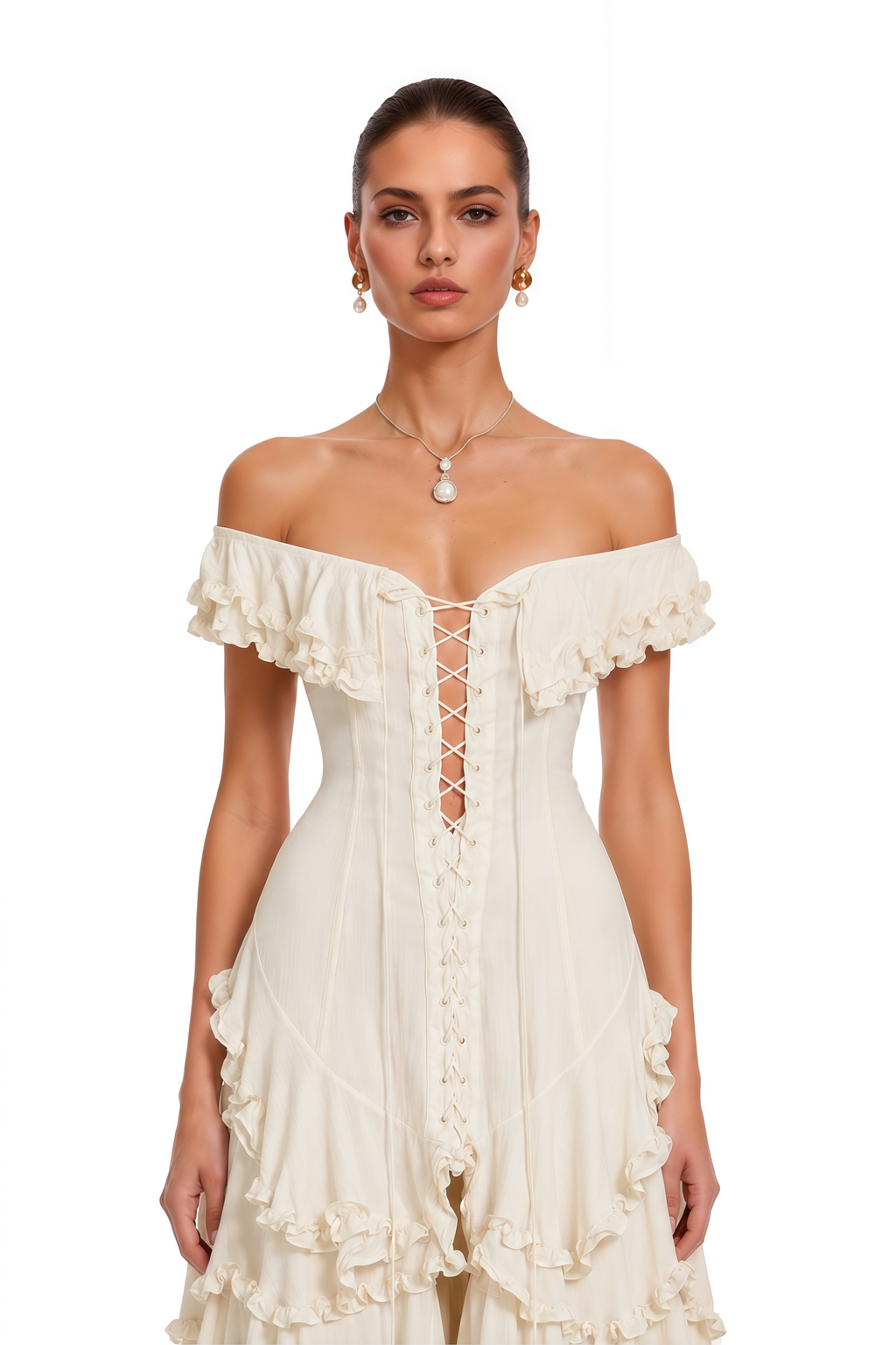 Kaelin Cream Ruffle Lace Up Tiered Flowy Maxi Dress