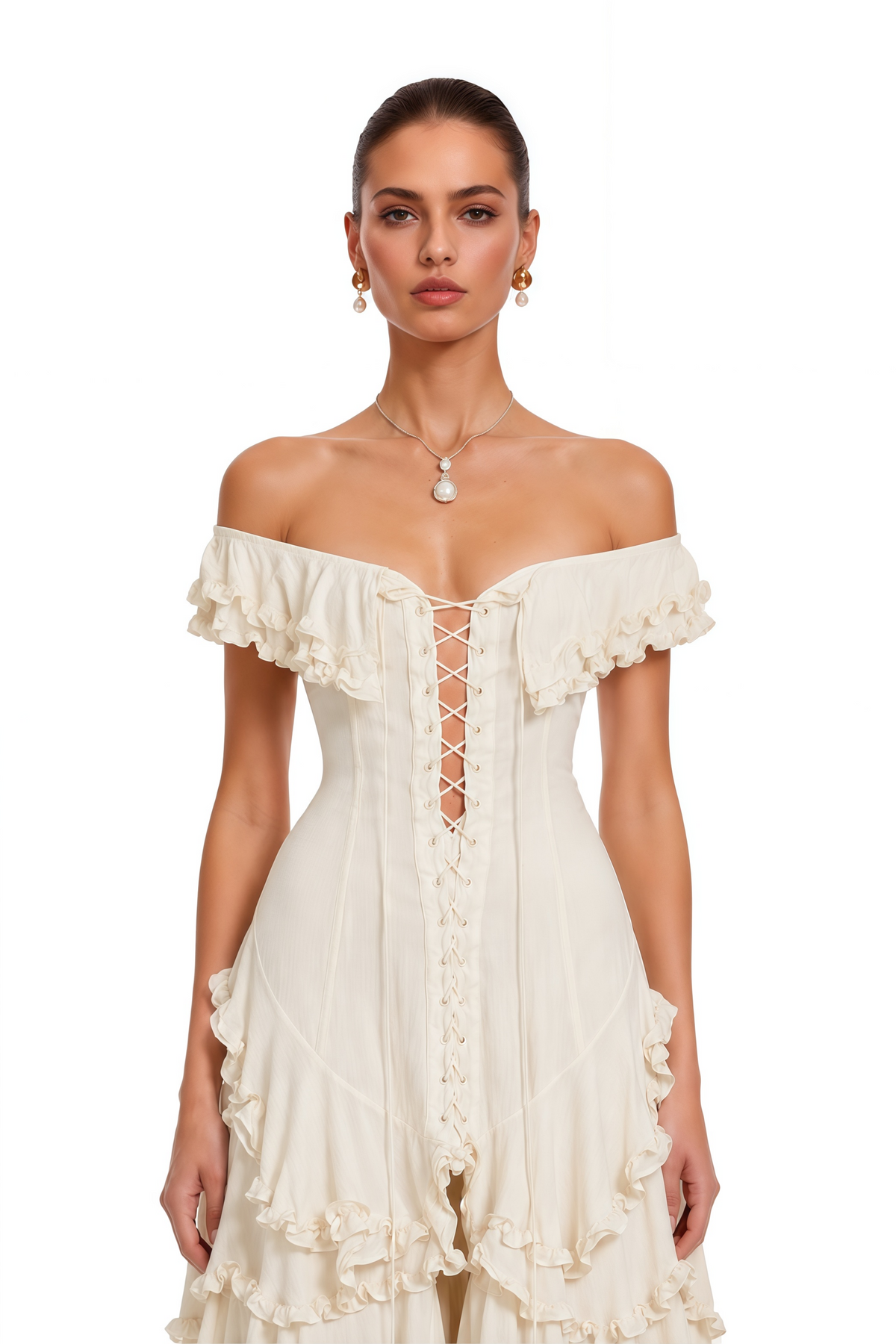Kaelin Cream Ruffle Lace Up Tiered Flowy Maxi Dress