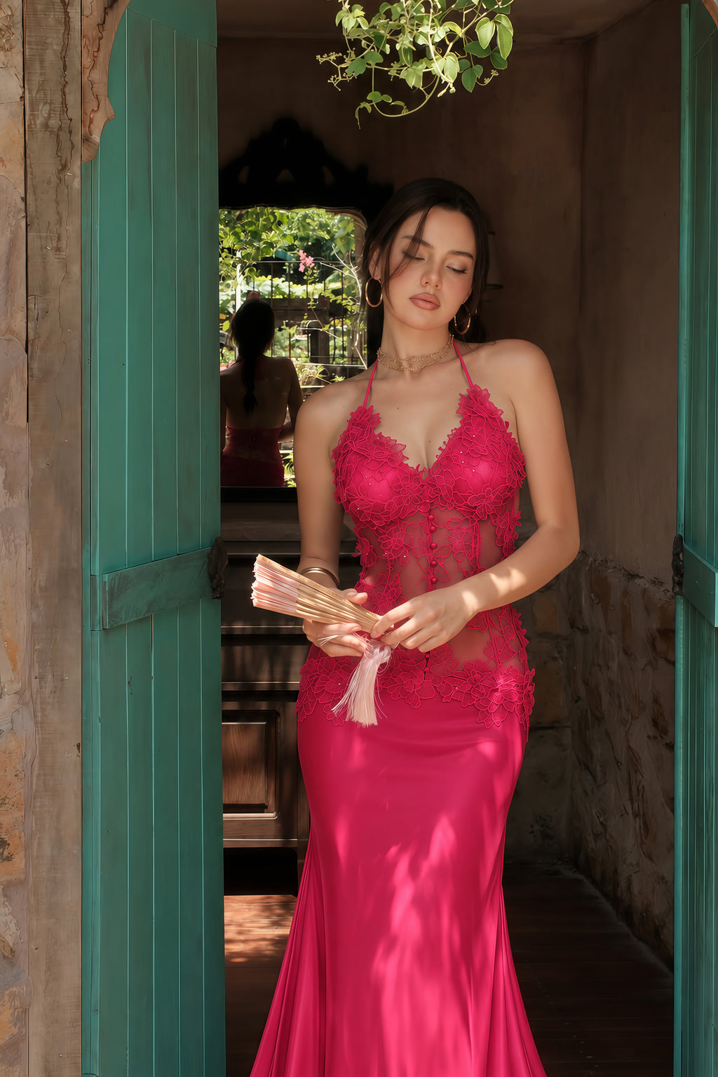 Kallie Fuchsia Lace Halterneck Maxi Dress