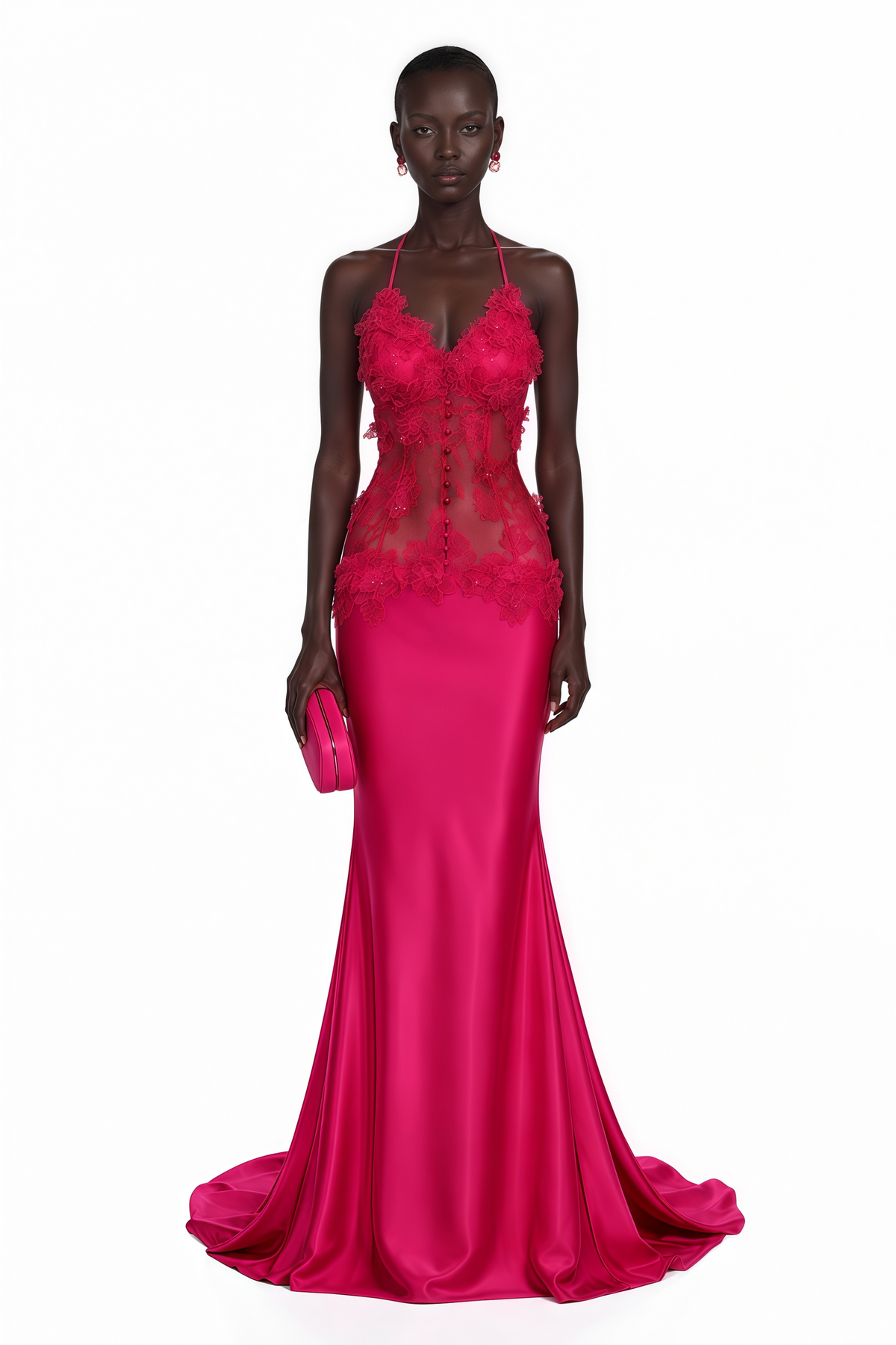 Kallie Fuchsia Lace Halterneck Maxi Dress