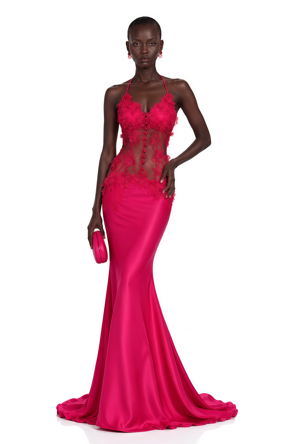 Kallie Fuchsia Lace Halterneck Maxi Dress