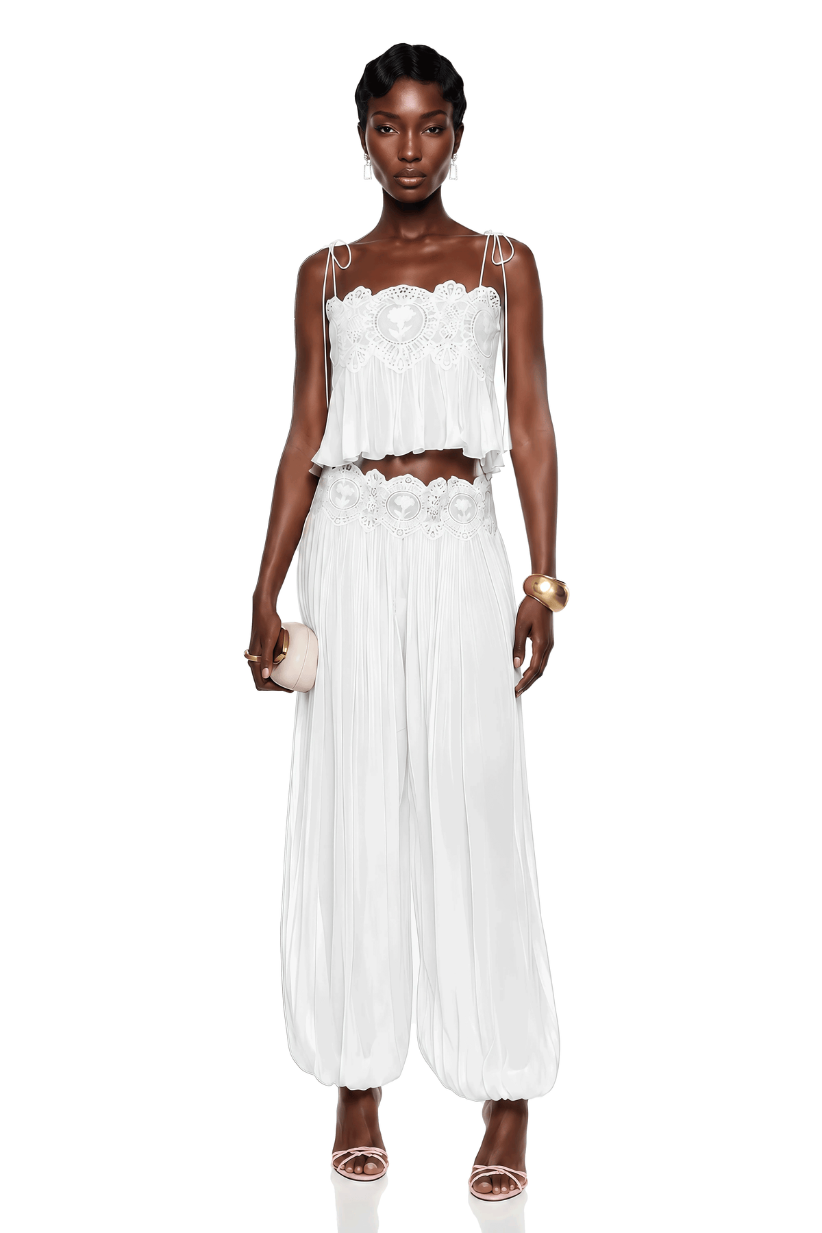 Kamila White Lace Trim Ruched Top & Trouser Set