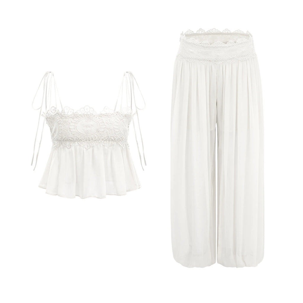 Kamila White Lace Trim Ruched Top & Trouser Set