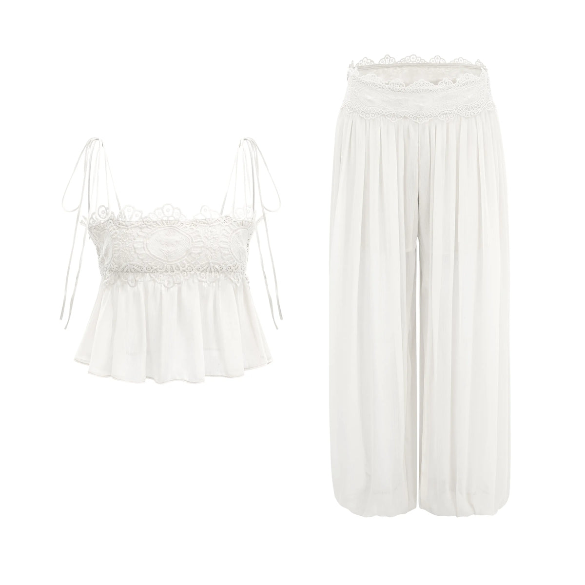Kamila White Lace Trim Ruched Top & Trouser Set