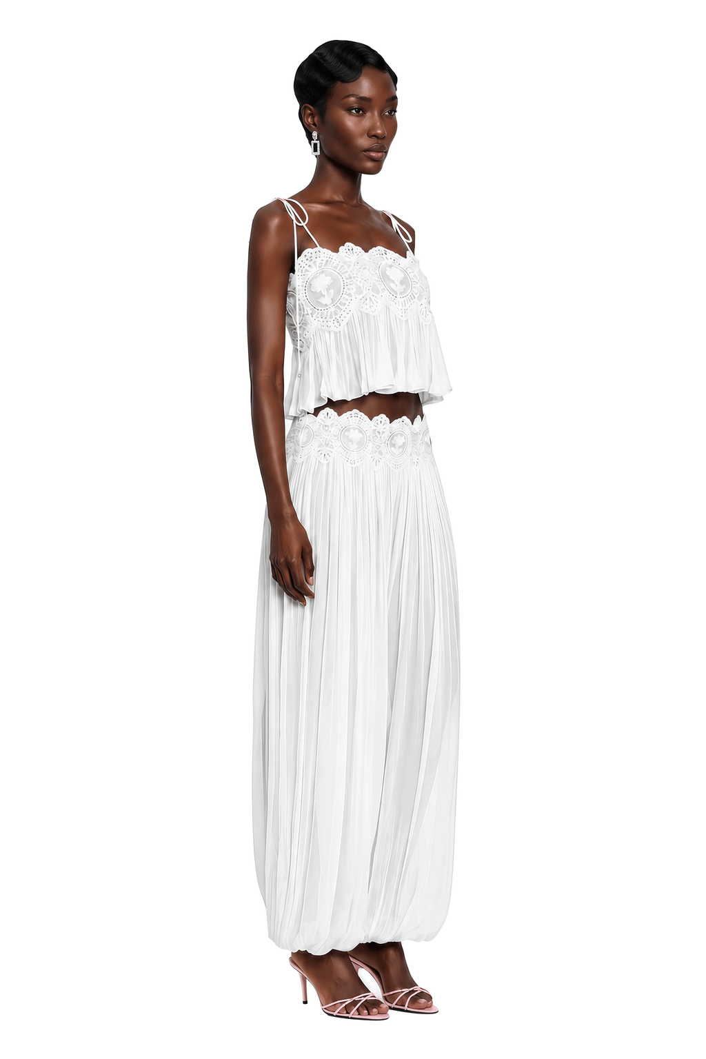 Kamila White Lace Trim Ruched Top & Trouser Set