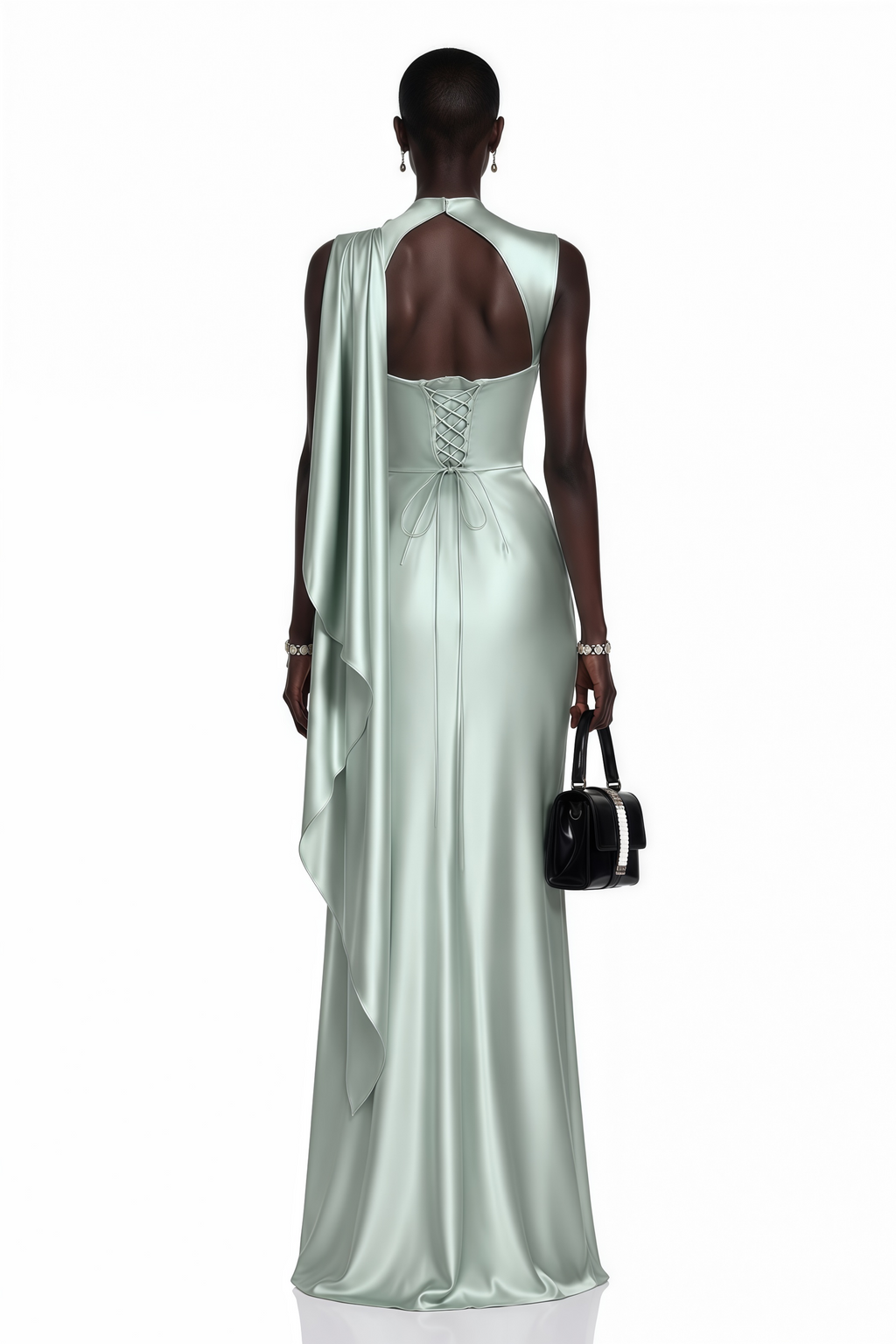 Kerttu Sage Green Ruched Maxi Dress with Asymmetrical Sleeves