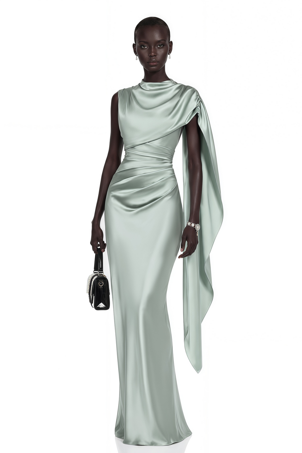 Kerttu Sage Green Ruched Maxi Dress with Asymmetrical Sleeves