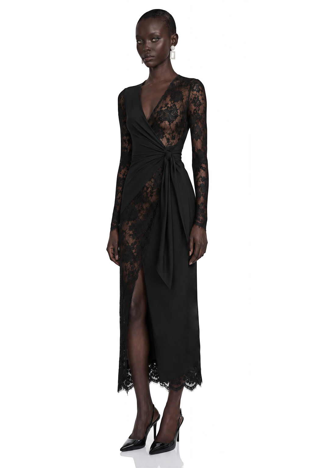 Klarity Black Lace V-Neck Long Sleeve Slit Midi Dress