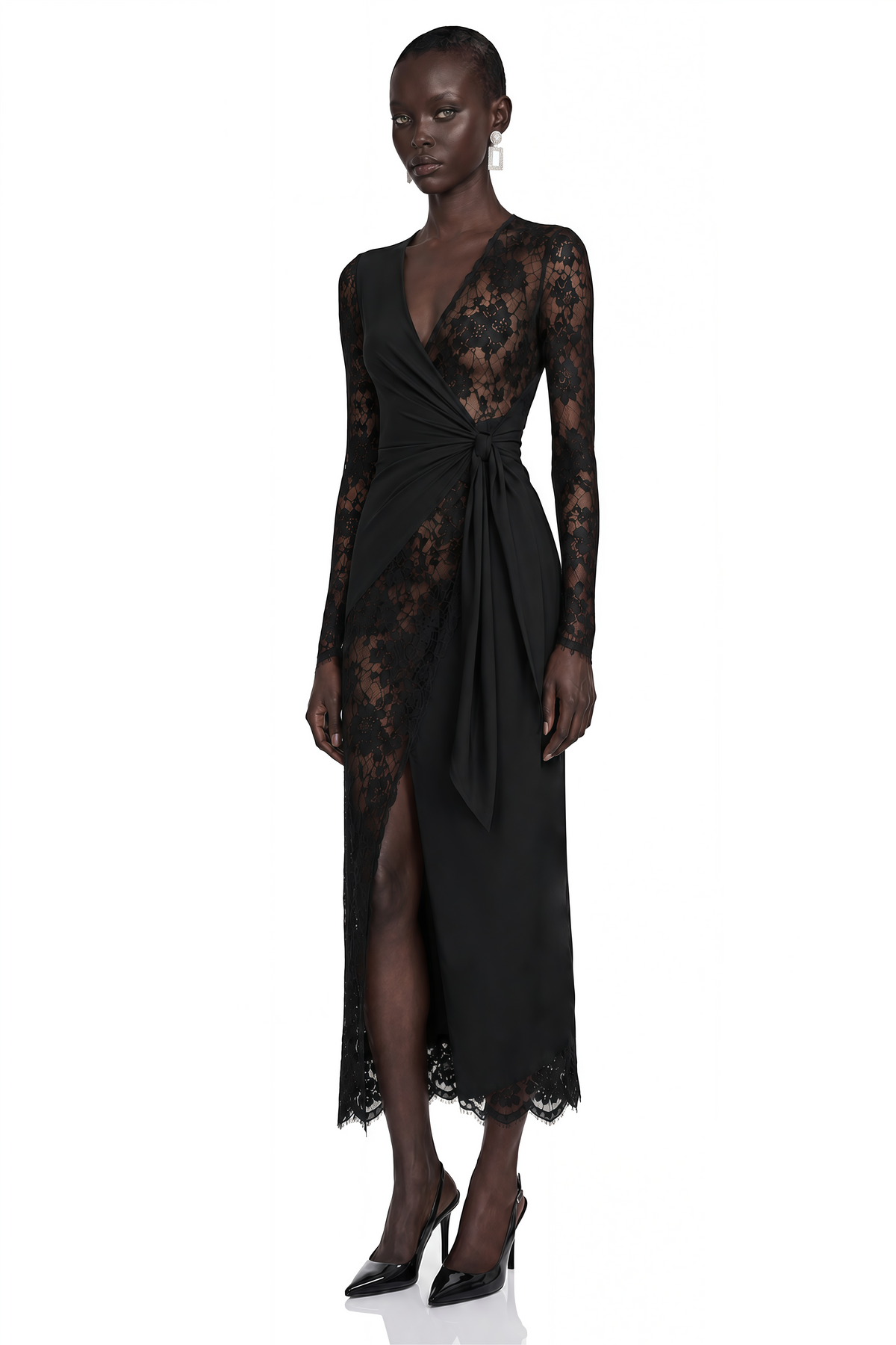 Klarity Black Lace V-Neck Long Sleeve Slit Midi Dress