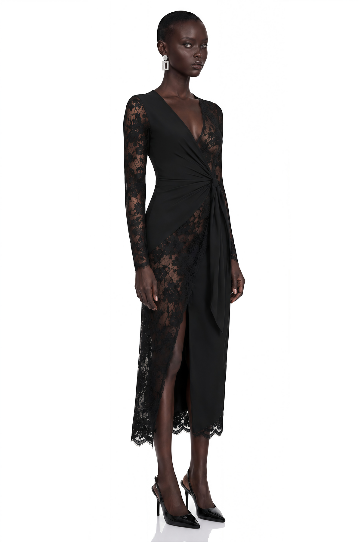 Klarity Black Lace V-Neck Long Sleeve Slit Midi Dress