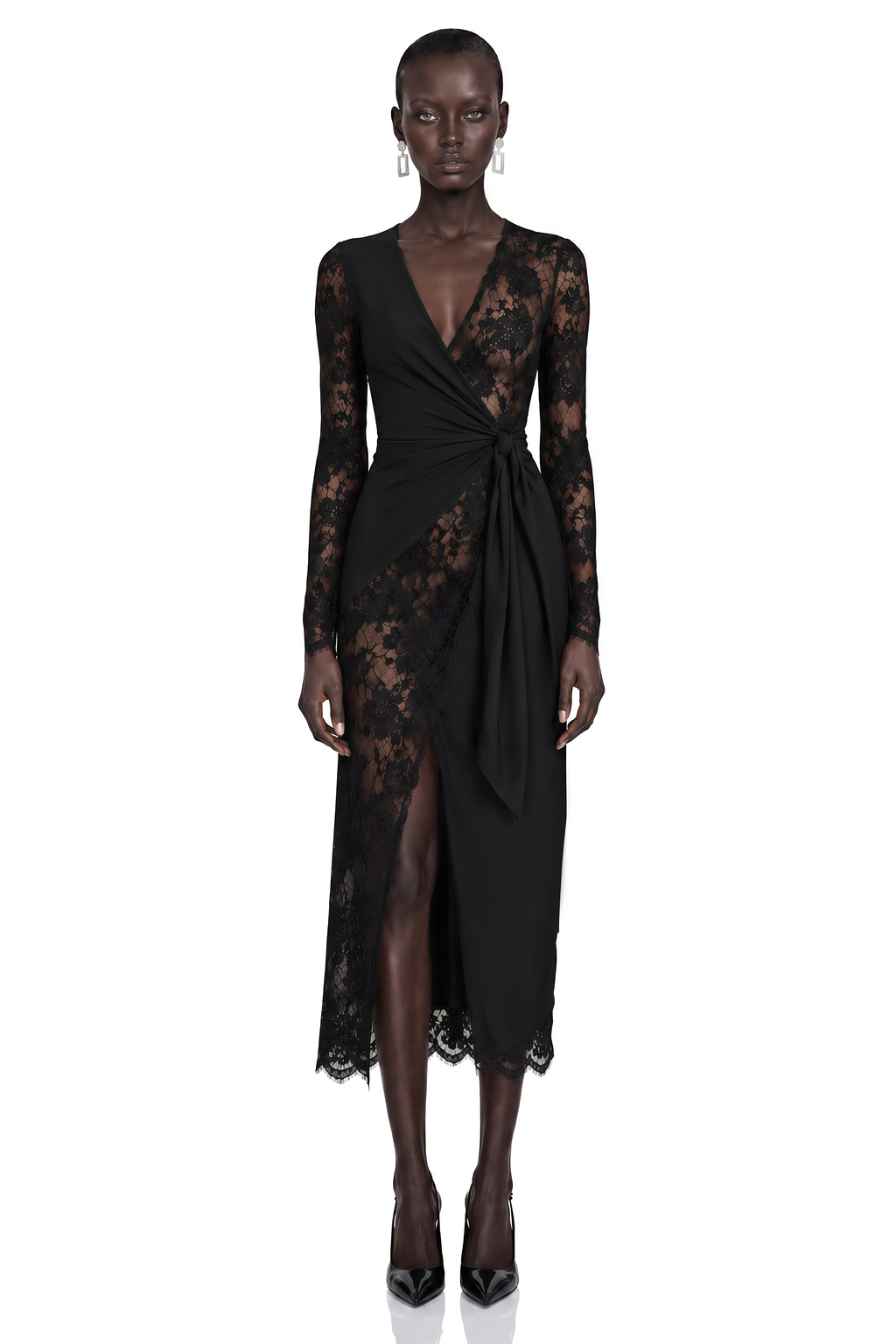 Klarity Black Lace V-Neck Long Sleeve Slit Midi Dress
