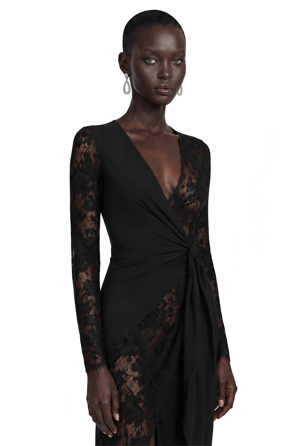 Klarity Black Lace V-Neck Long Sleeve Slit Midi Dress